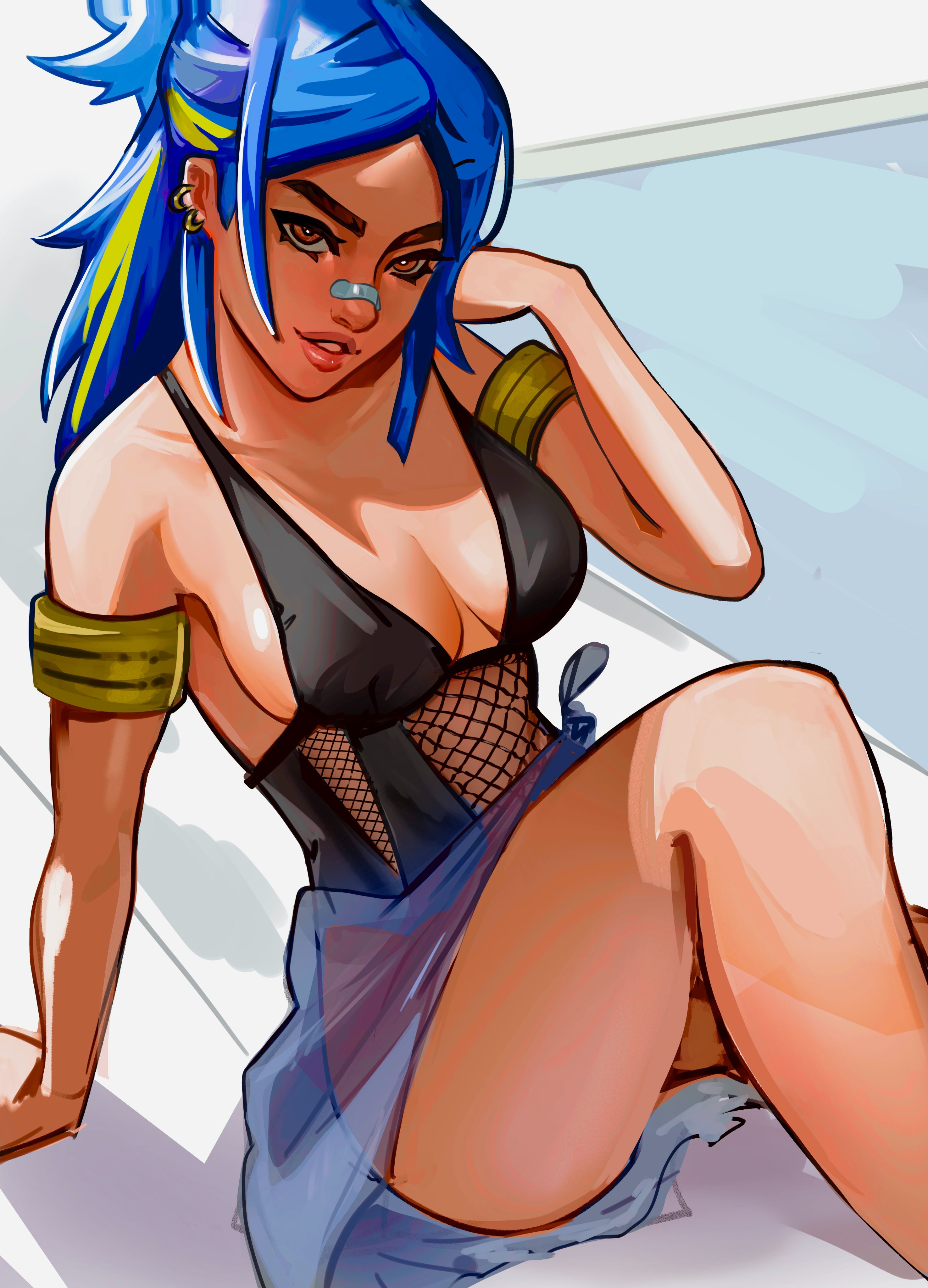 blue hair, breasts, cute, female, neon (valorant), pool, swimsuit, swimwear, valorant, vile jp