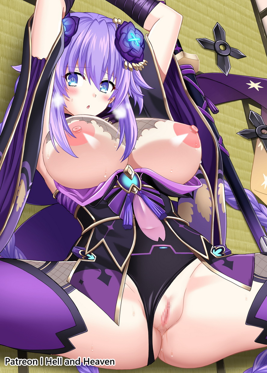 1girls, acquire, areolae, big breasts, blue eyes, breasts, breasts out of clothes, censored, clothing, compile heart, cpu (neptunia), female, female only, goddess, hair ornament, hellandheaven, idea factory, indoors, long hair, marvelous, neptune (neptunia), neptunia (series), neptunia x senran kagura ninja wars, ninja, nipples, open mouth, power symbol-shaped pupils, purple hair, purple heart (neptunia), pussy, pussy juice, spread legs, tamsoft, video games