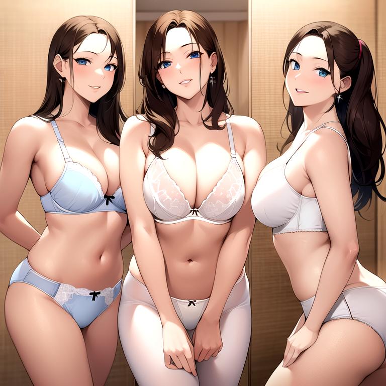 3girls ai_generated ai_mirror belly_button blue_eyes blue_underwear blush brown_hair brunette earrings hands_behind_back lingerie long_hair looking_at_viewer medium_breasts mirror ponytail seductive side_view smile tight_pants underwear white_skin white_underwear