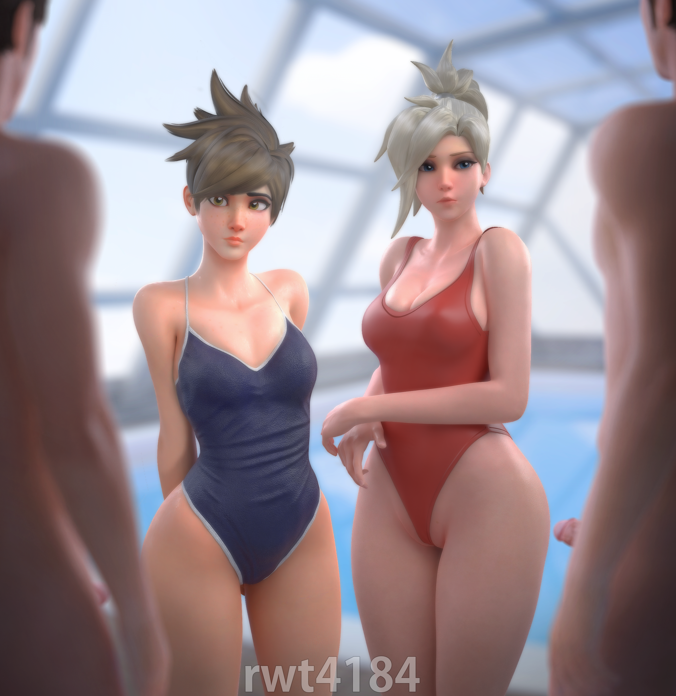 2boys, 2girls, 3d, angela ziegler, big breasts, blonde hair, breasts, brown hair, cleavage, female, human, imminent sex, lena oxton, male, mercy, one-piece swimsuit, overwatch, overwatch 2, penis, rwt4184, swimsuit, tracer