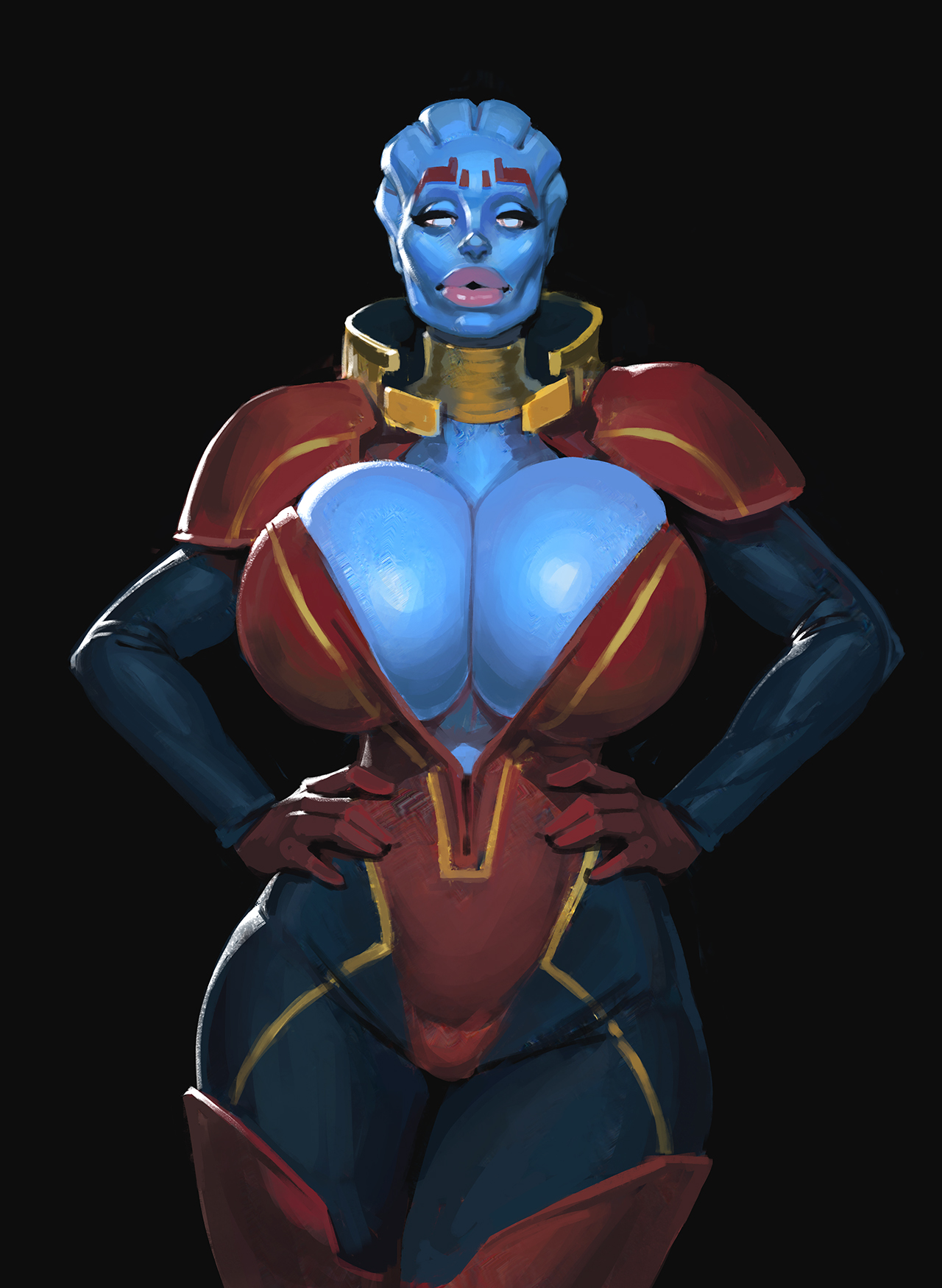 alien, alien girl, asari, big breasts, blue eyes, blue skin, boobsgames, breasts, female, large breasts, lips, lipstick, mass effect, samara, tagme, thick lips, thick thighs, wide hips