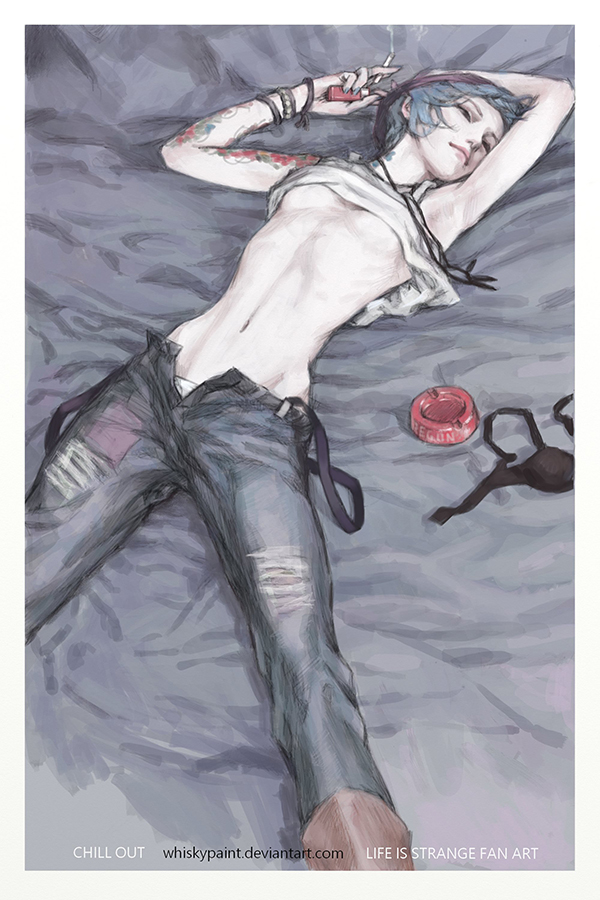 armpits, ashtray, black bra, black pants, blue hair, bra removed, breasts, chloe price, female, jeans, life is strange, lying, midriff, navel, no bra, open pants, pale skin, panties, shirt lift, short hair, skinny, smoking, solo, tattoo, tomboy, underboob, whiskypaint