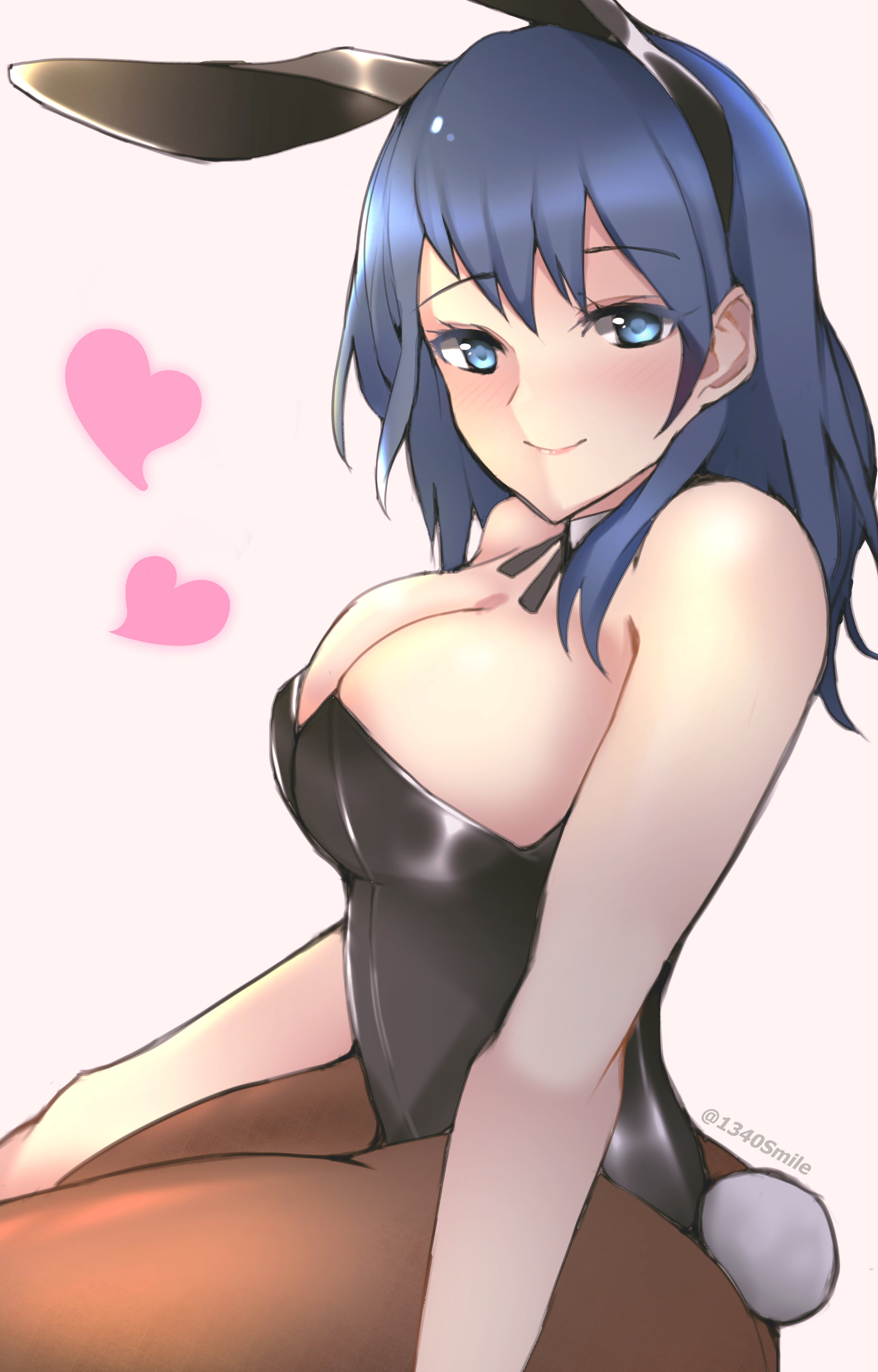 1340smile, 1girls, alternate costume, blue eyes, blue hair, breasts, bunny ears, bunny girl, bunnysuit, byleth (fire emblem), byleth (fire emblem) (female), cleavage, female, fire emblem, fire emblem: three houses, large breasts, leotard, looking at viewer, medium hair, nintendo, pantyhose, pink background, sideboob, sitting, smile, solo