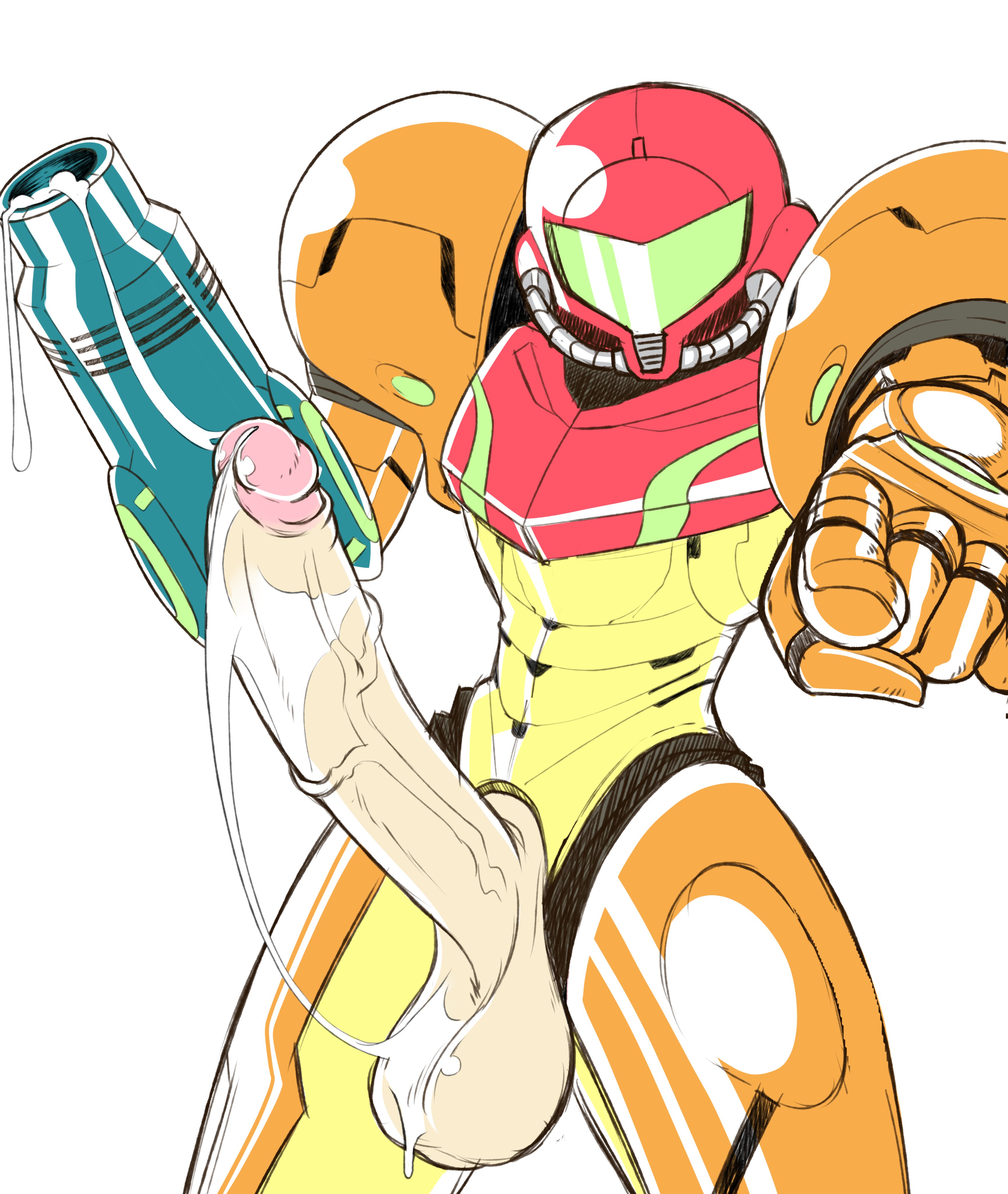 1futa, armor, armored futa, armored samus, balls, big balls, big penis, clothed, clothing, cum, erection, futa only, futanari, helmet, helmet with visor, huge cock, human, intersex, light skin, light-skinned futa, metroid, mostly clothed, pale skin, penis, penis out, pointing at viewer, samus aran, solo, standing, stupidsmut, varia suit, varia suit helmet, weapon, white background