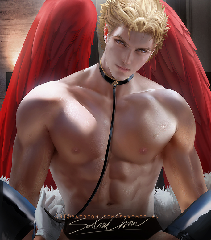 1boy, abs, big wings, blonde hair, collar, dark skin, dark-skinned female, feathered wings, female, female pov, gloves, hawks (my hero academia), keigo takami, leash, legs, light-skinned male, male, male focus, male only, miruko, muscular, muscular male, my hero academia, pov, realistic, red wings, rumi usagiyama, sakimichan, solo, stockings, wings, yellow eyes