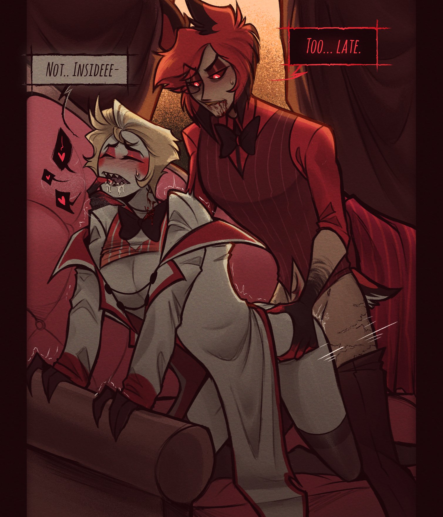 2boys, alastor (hazbin hotel), anal, bite mark, blush, closed eyes, cum, cum inside, demon, doggy style, femboy, femboy dilf, from behind, gay, hazbin hotel, implied anal, implied cum inside, lucifer morningstar (hazbin hotel), male, male only, male/male, partially clothed, radioapple, red eyes, red hair, sinningapple, text, thighhighs, yaoi