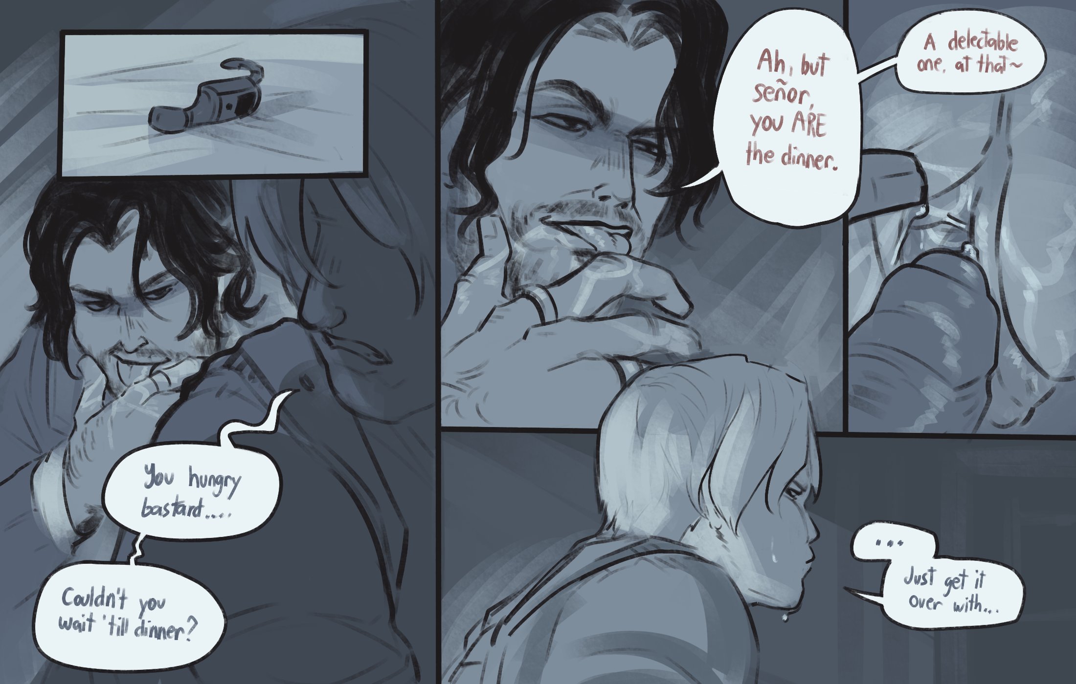 1cuntboy, biohazard, comic, cuntboy, hoe rakka, intersex, leon scott kennedy, licking fingers, luis sera, male, pussy, resident evil, vaginal penetration, yaoi