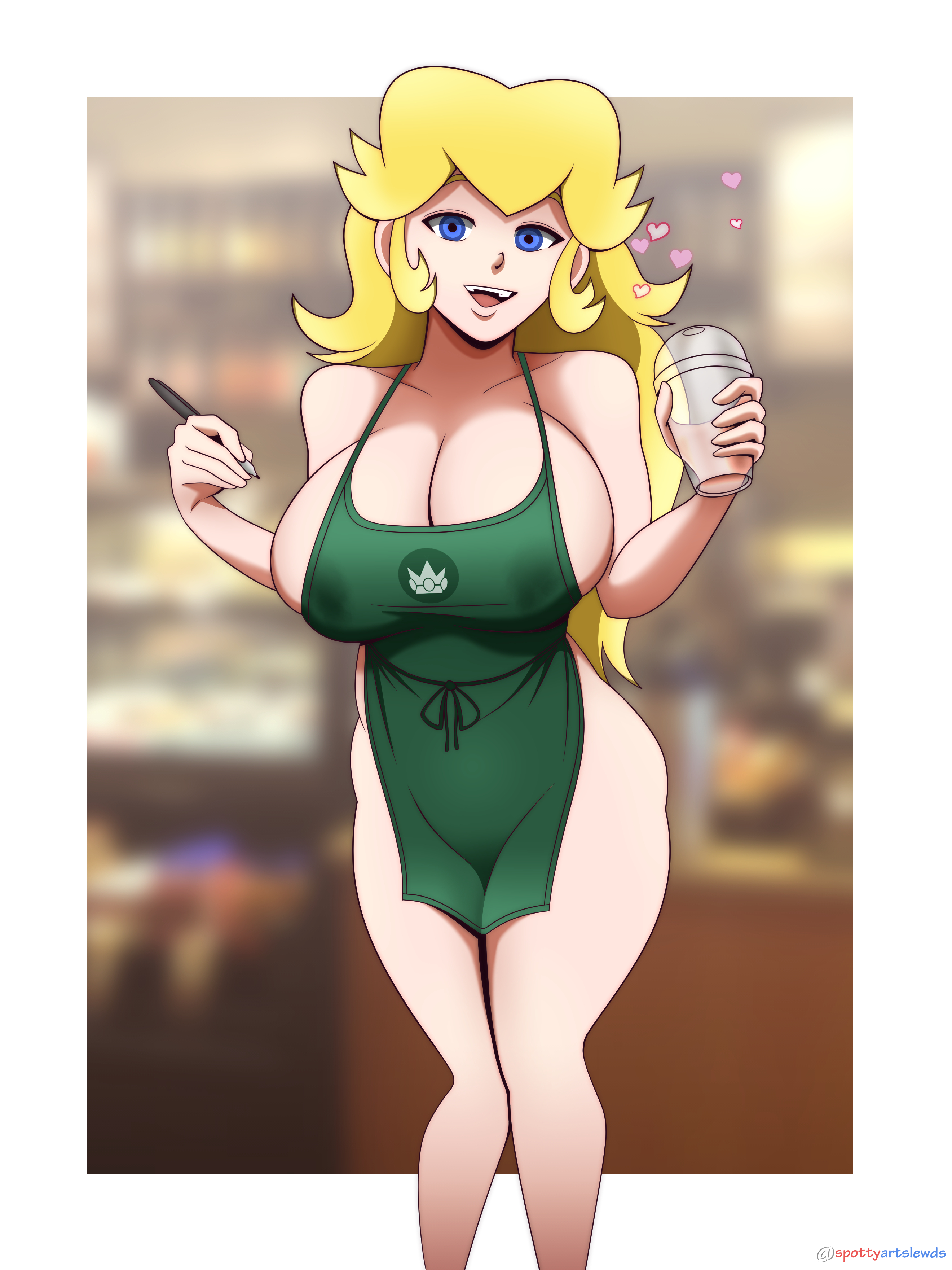 1girls, apron, apron only, blonde hair, blue eyes, blurry, blurry background, breasts, cleavage, female, female only, hi res, iced latte with breast milk, indoors, lactation, long hair, looking at viewer, mario (series), meme, naked apron, nintendo, open mouth, partially clothed, princess peach, smile, solo, spottyartslewd, standing, starbucks, thighs, uncensored, white border