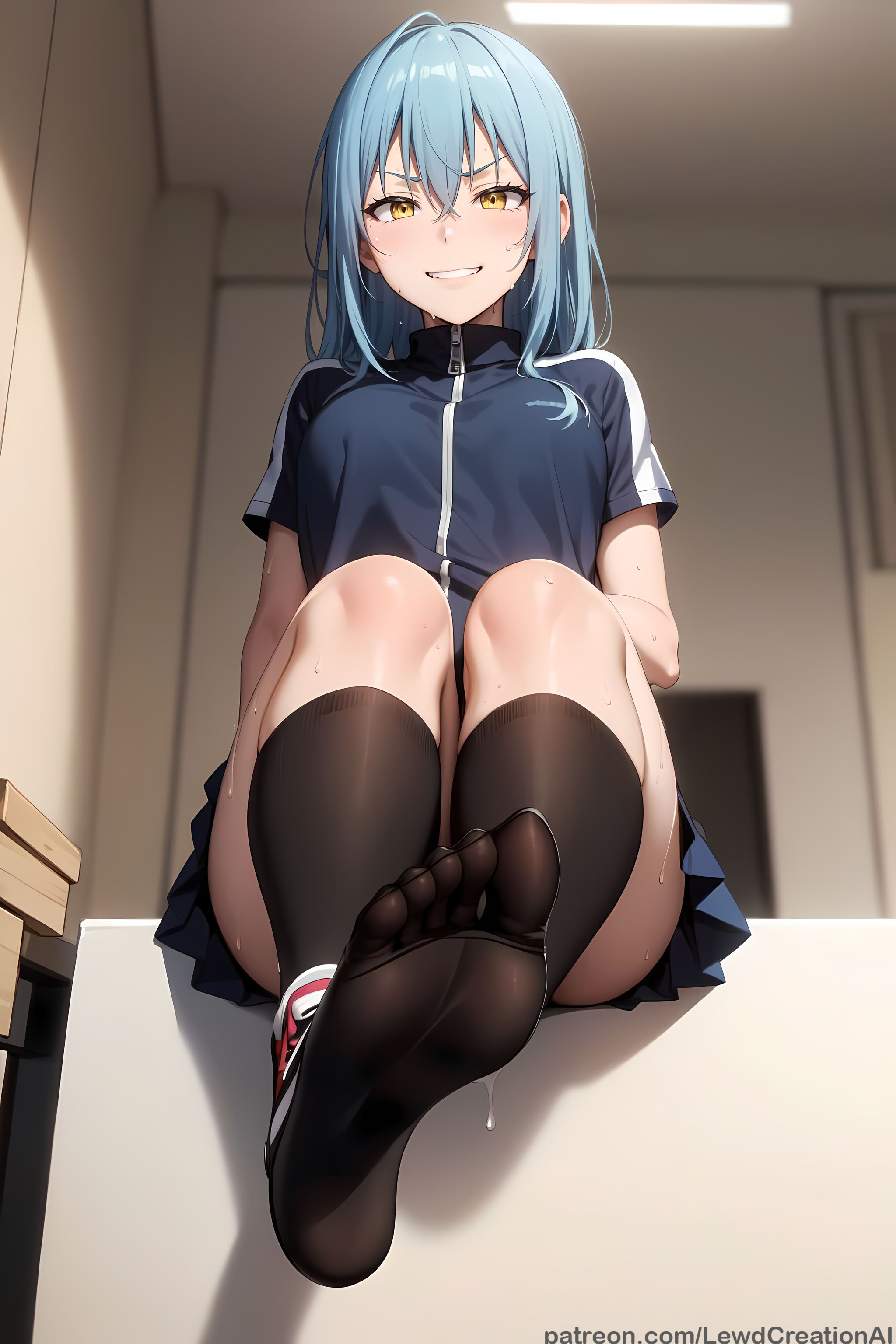 ai generated, big breasts, blue hair, blush, blush lines, blushing at viewer, breasts, feet, female, foot fetish, foot focus, foot worship, footwear, from below, glowing eyes, golden eyes, grin, lewdcreationsai, looking at viewer, pov, rimuru tempest, sitting, smirk, socks, solo, solo female, solo focus, sport, sports bra, sports uniform, sportswear, sweat, sweatdrop, sweating, sweaty, sweaty feet, tensei shitara slime datta ken, thick thighs, thighs, toes, yellow eyes