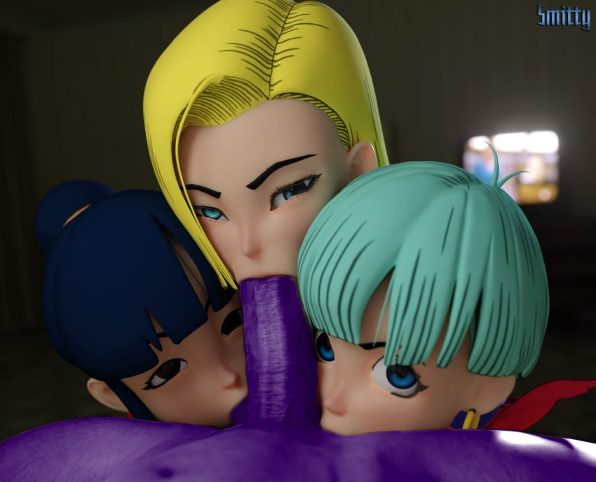 1boy, 3d, 3girls, android 18, beerus, blue hair, bulma briefs, cheating, chichi, collaborative fellatio, dragon ball, dragon ball super, dragon ball z, edit, fellatio, female, harem, male, milf, multiple females, multiple girls, netorare, penis, purple penis, smitty34, sucking, teamwork