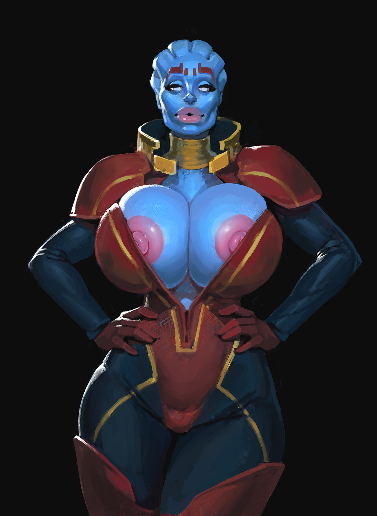 alien, alien girl, areola slip, areolae, asari, big breasts, blue eyes, blue skin, boobsgames, breasts, female, large breasts, lips, lipstick, mass effect, samara, tagme, thick lips, thick thighs