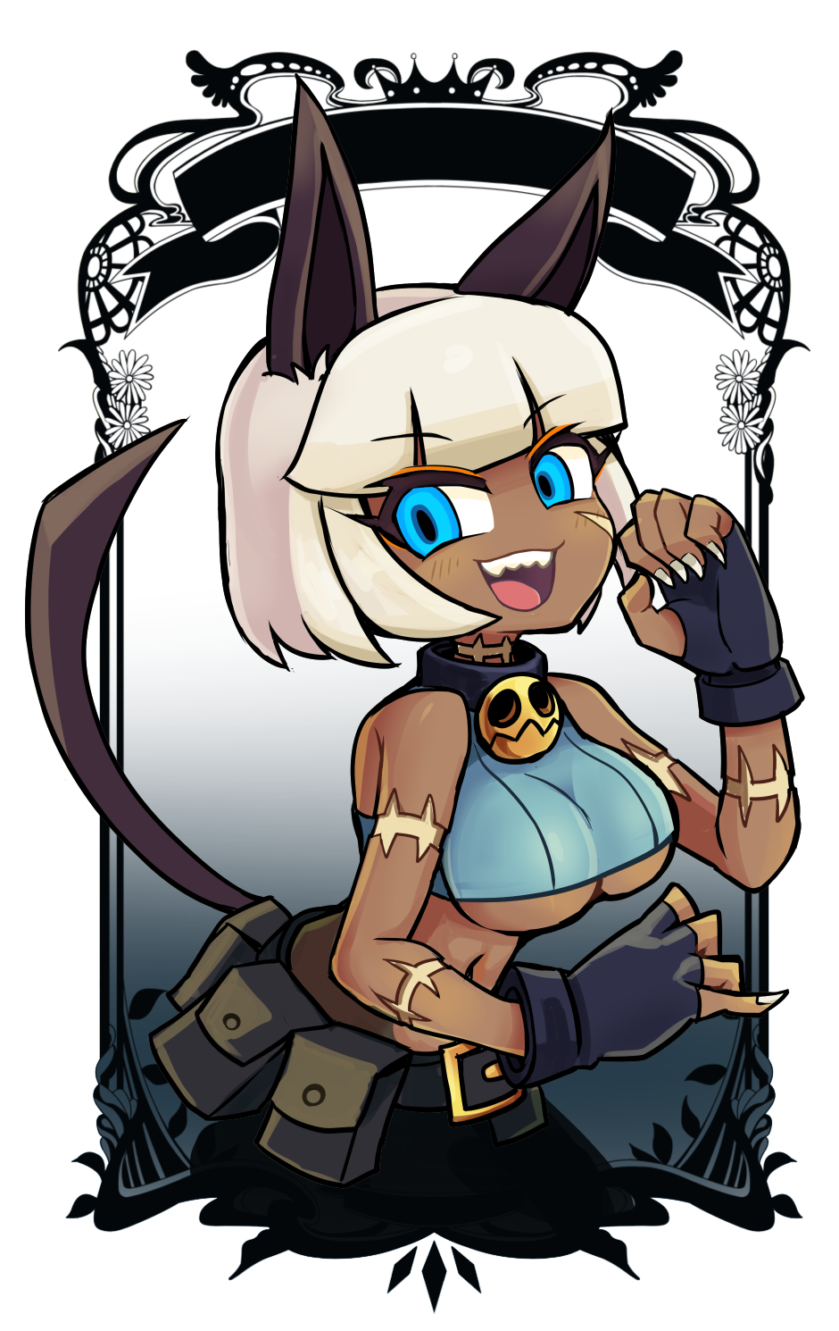 bangs bell_collar blue_eyes blunt_bangs bob_cut cat_ears cat_tail claws collar dark-skinned_female dark_skin eyelashes jimafy long_fingernails long_toenails midriff nadia_fortune revealing_clothes scar scars scars_on_arm sharp_fingernails sharp_teeth sharp_toenails skullgirls smile underboob white_hair