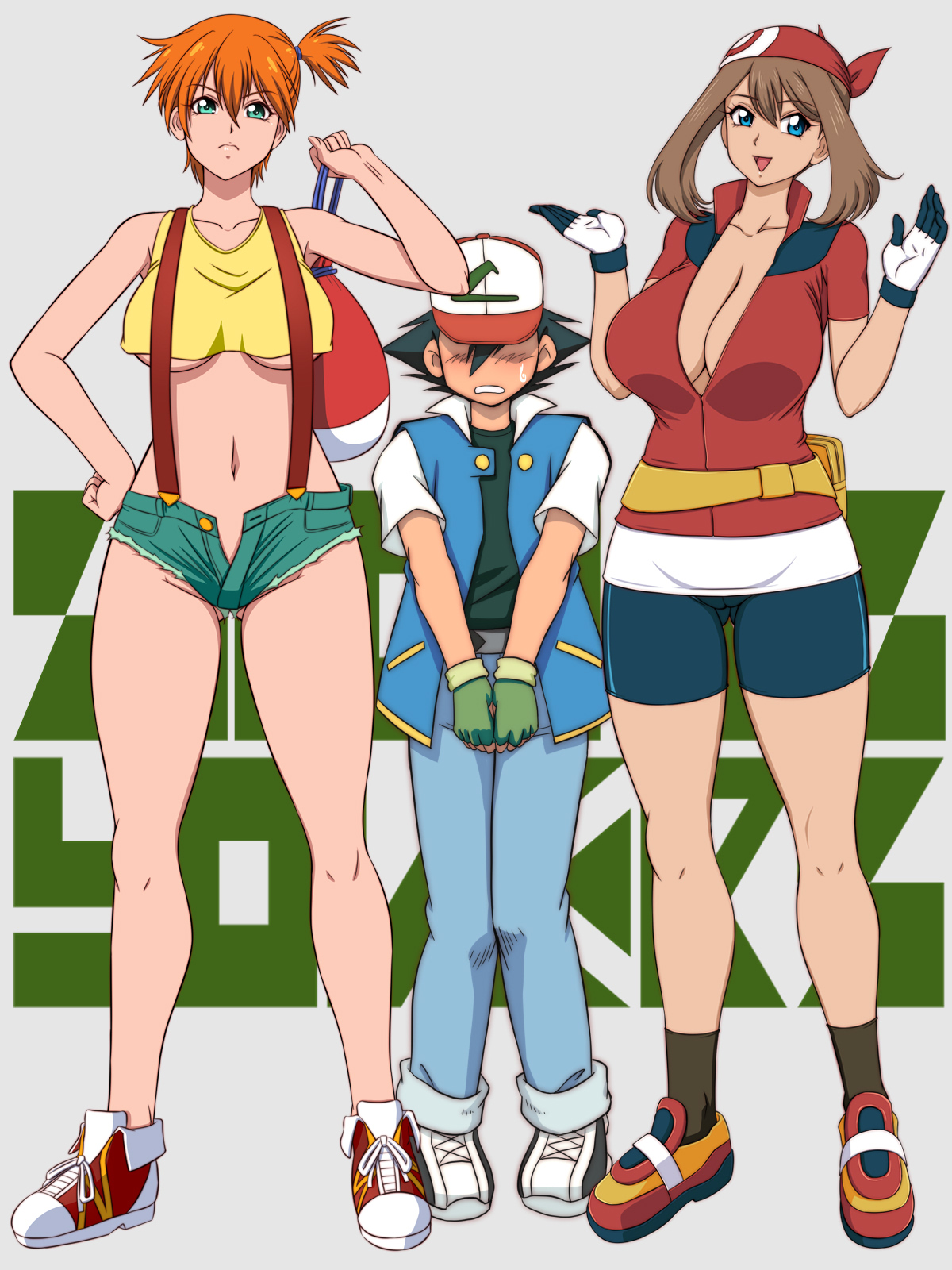1boy, 2girls, adapted costume, asymmetrical hair, bare legs, blush, breasts, creatures (company), denim, denim shorts, female, game freak, glamour works, green eyes, gym leader, highres, kasumi (pokemon), large breasts, legs, looking at viewer, male, may (pokemon), multiple females, multiple girls, navel, nintendo, orange hair, pants, pokemon, pokemon (anime), pokemon (classic anime), ponytail, satoshi (pokemon), shirt, shoes, short hair, short shorts, shorts, side ponytail, smaller male, sneakers, standing, suspenders, tank top, thick thighs, thighs, underboob, underwear, unzipped, wide hips, yellow shirt, yellow tank top