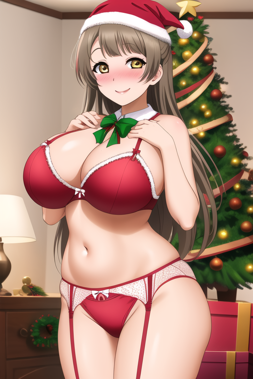 ai_generated bangs bedroom belly_button blush christmas christmas_hat christmas_outfit christmas_tree cowboy_shot female garter_belt hairbow huge_breasts indoors kurodex lingerie long_hair love_live! love_live!_school_idol_project minami_kotori naughty_face posing seductive_smile solo standing wide_hips yellow_eyes