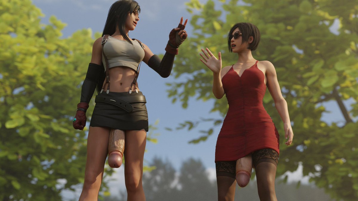 2futas, 3d, ada wong, big penis, black hair, blender, capcom, crossover, dissidia, dissidia final fantasy, dress, final fantasy, final fantasy vii, final fantasy vii remake, futa only, futanari, huge cock, intersex, large penis, light skin, light-skinned futa, looking at another, penis, pinup, resident evil, resident evil 2, resident evil 2 remake, square enix, sunglasses, thick thighs, tifa lockhart, tinted eyewear, tunnofun