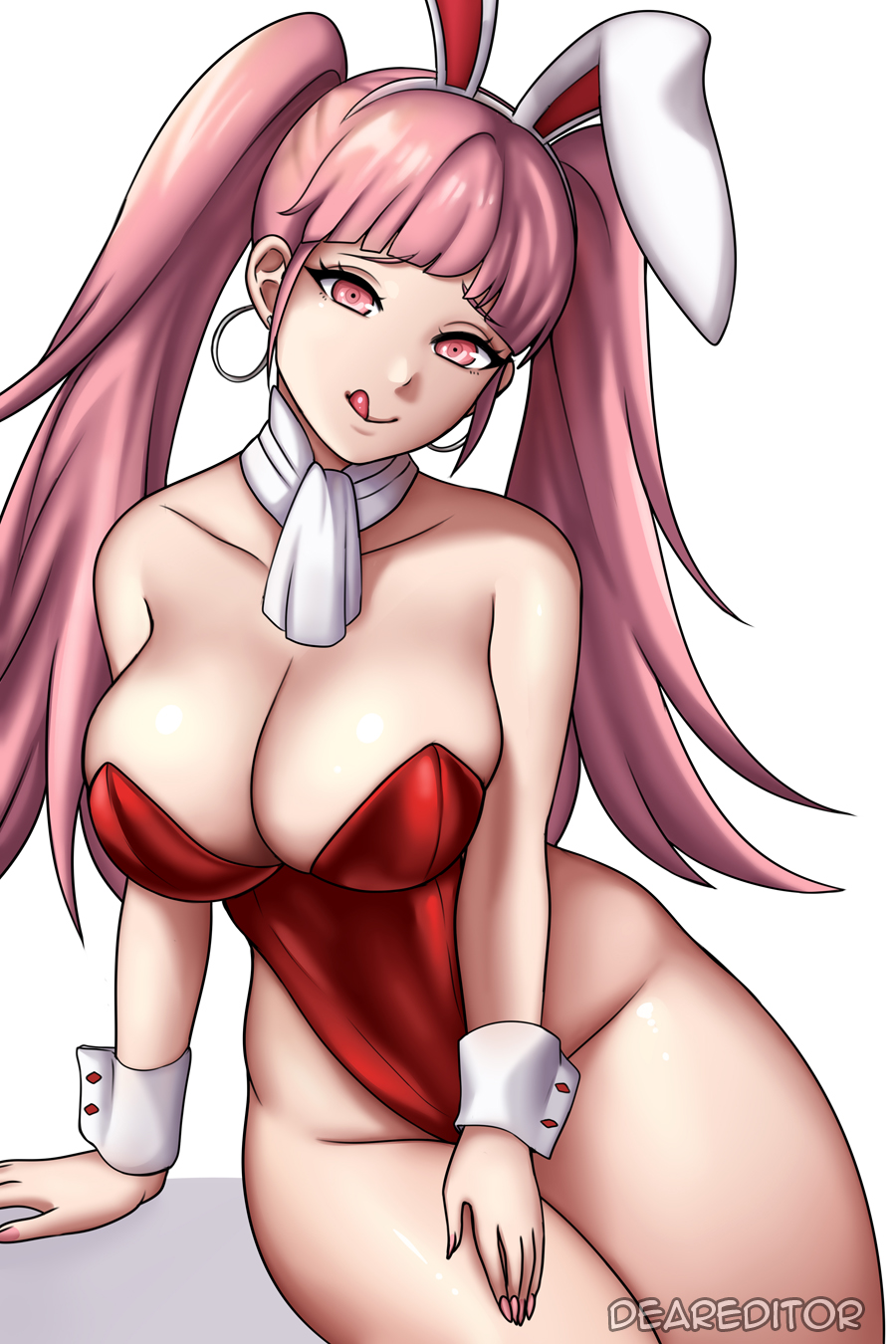 1girls :p alternate_costume bangs bare_thighs breasts bunny_ears bunny_girl bunnysuit cleavage deareditor earrings female female_only fire_emblem fire_emblem:_three_houses fully_clothed hilda_valentine_goneril large_breasts leotard licking_lips nail_polish naughty_face nintendo pink_hair pink_nails revealing_clothes sitting smile solo thick_thighs thighs tongue tongue_out twintails