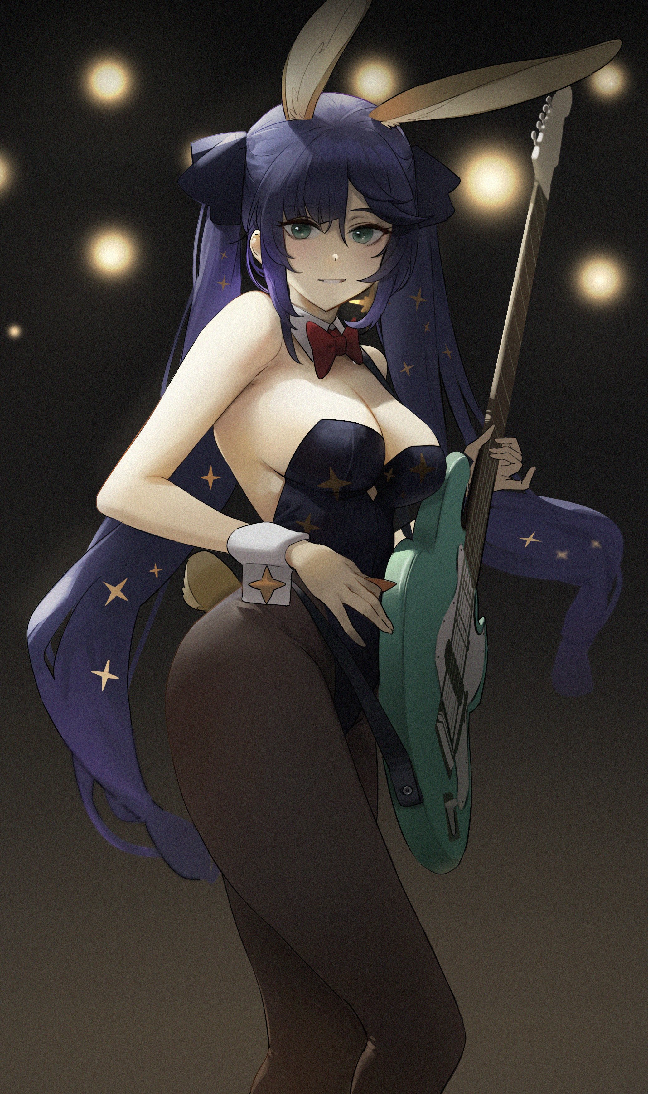 1girls, bunny ears, bunny tail, bunnysuit, detached collar, doksyuri, female, genshin impact, guitar, mona (genshin impact), smile, solo female, tagme