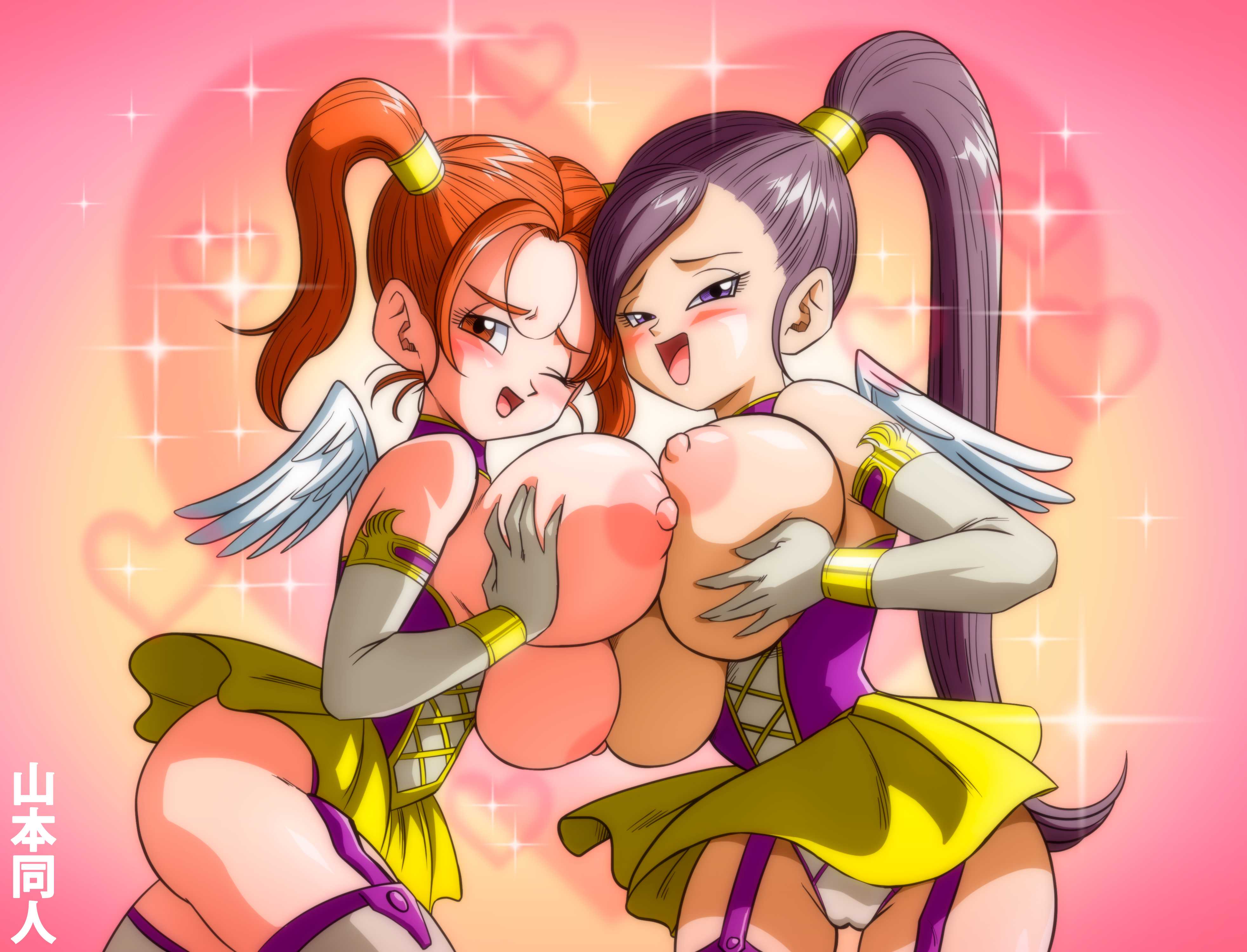 2d, 2d (artwork), 2girls, artist name, ass, big ass, big breasts, blush, breasts, brown eyes, brown hair, clothing, divine bustier, dragon quest, dragon quest viii, dragon quest xi, female, female focus, female only, jade (dq11), jessica albert, large breasts, long hair, multiple females, multiple girls, ponytail, purple eyes, purple hair, seductive, stockings, thick thighs, yamamoto doujin, yuri