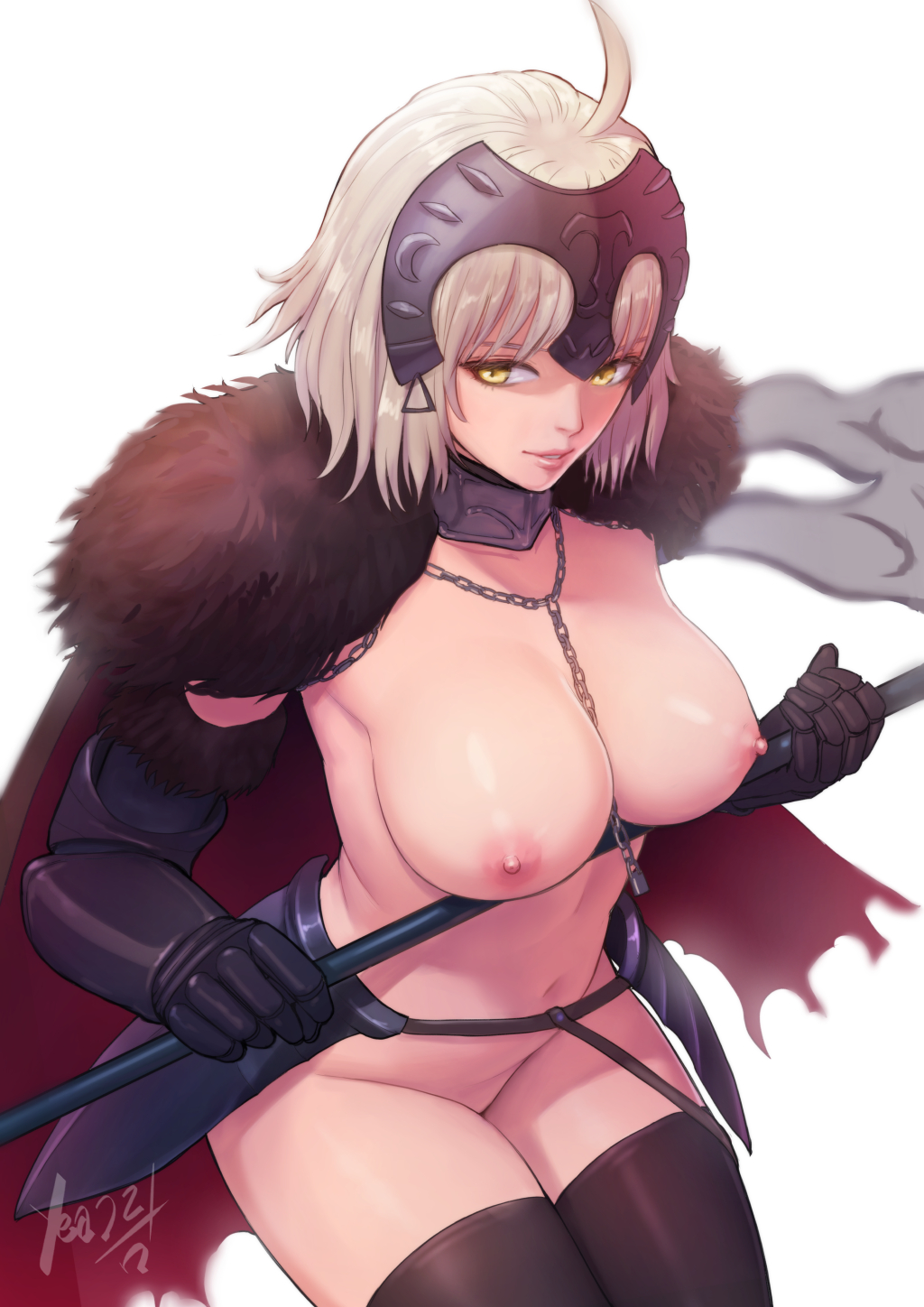 armor, breasts, cape, fate (series), fate/grand order, female, functionally nude, jeanne alter, large breasts, mezzo (orbanga21), nude, short hair, white background, white hair, yellow eyes