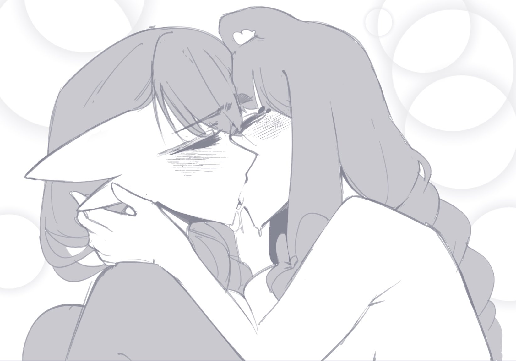 2girls, bear ears, bear girl, beau (luxurias), blush, closed eyes, daisy (luxurias), eyelashes, female, female only, gardevoir, generation 3 pokemon, hi res, kissing, long hair, luxurias, monochrome, nintendo, pokémon (species), pokemon, pokemon (species), side view, white background, yuri