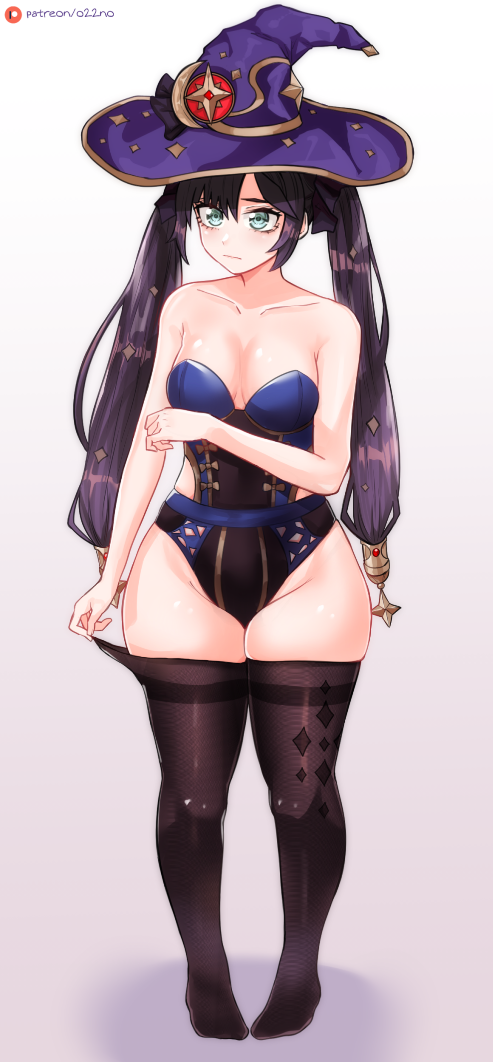 1girls breasts female genshin_impact hat long_hair mona_(genshin_impact) o22no pantyhose pantyhose_down purple_hair solo standing thick_thighs thighs twintails wide_hips witch_hat