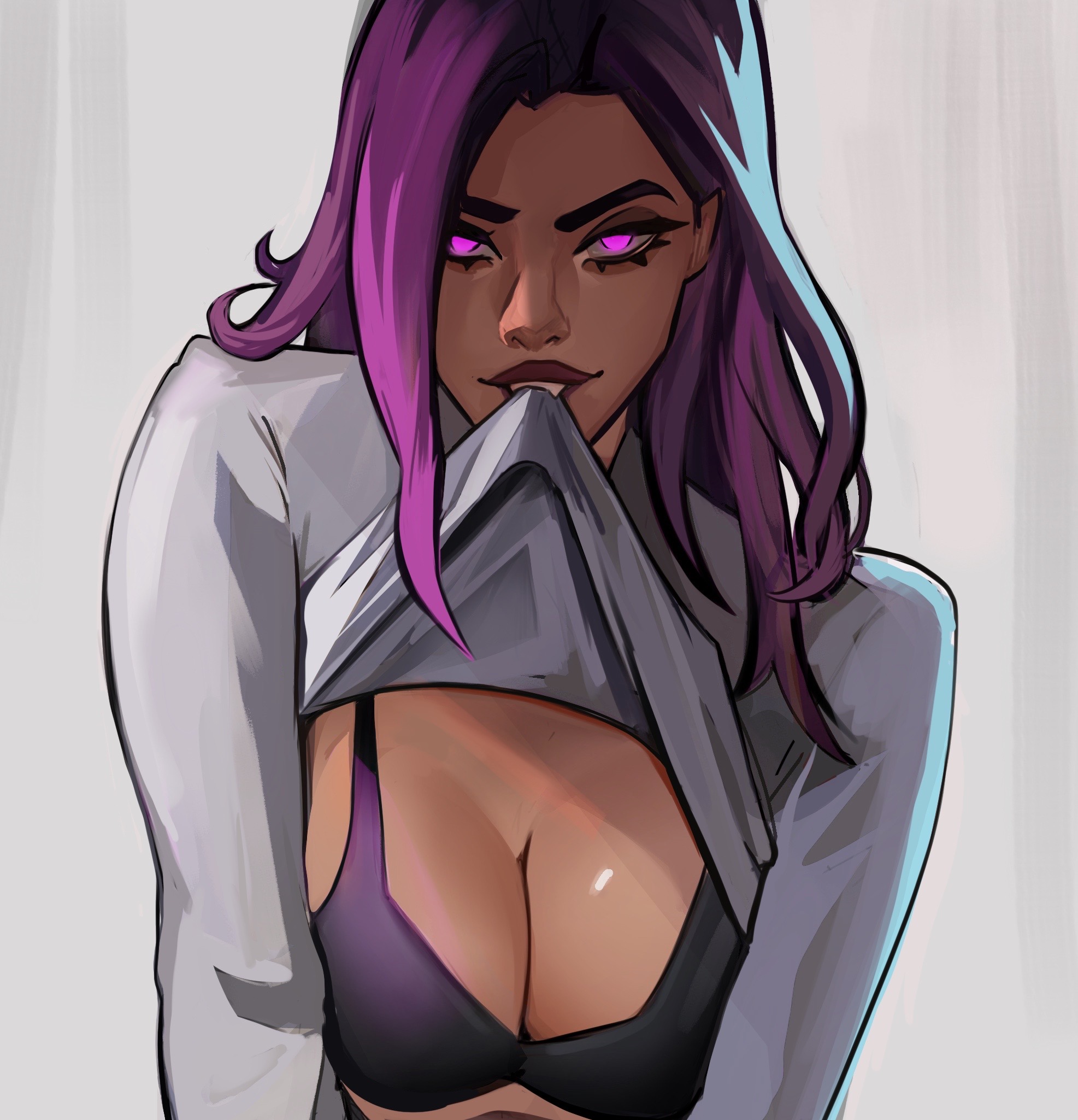 breasts, cute, female, glowing eyes, purple bra, reyna (valorant), showing breasts, showing off, solo, valorant, vile jp