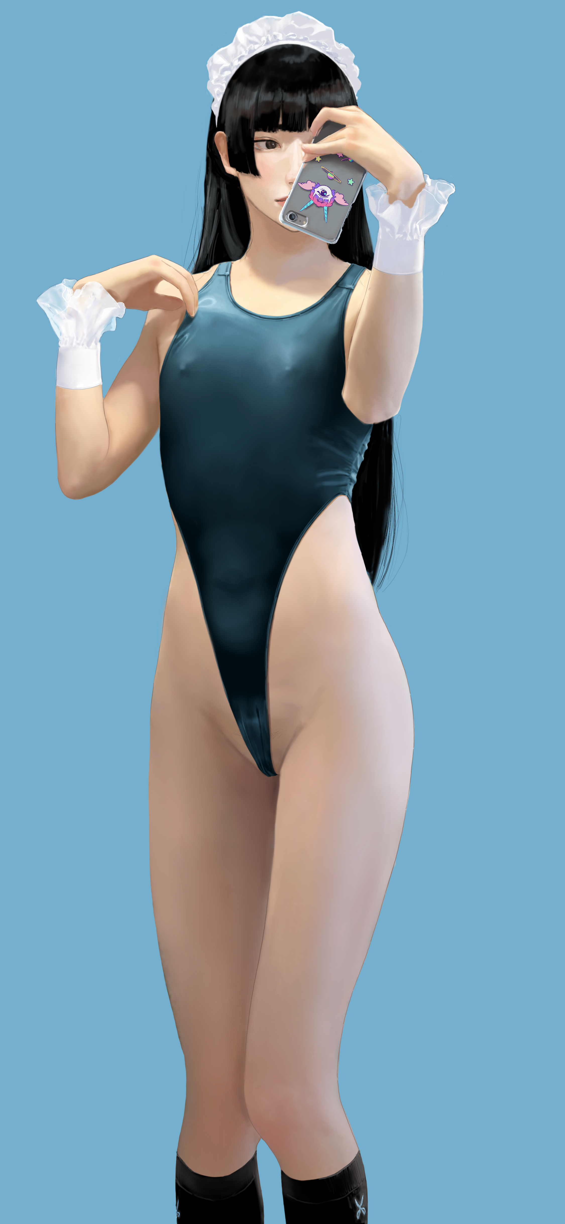 1girls, black hair, blue background, cameltoe, erection under clothes, female, female only, flat chest, hiramedousa, long hair, nipple bulge, one-piece swimsuit, pussy, smartphone, solo, standing, swimsuit
