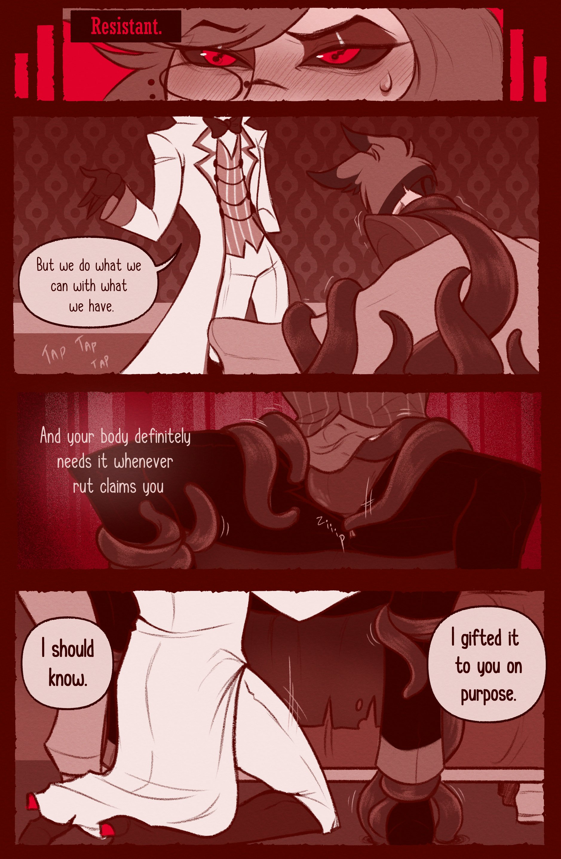 2boys, alastor (hazbin hotel), blush, choking, clothed, comic, demon, hazbin hotel, kneeling, lucifer morningstar (hazbin hotel), male, male only, radioapple, restrained, sinningapple, tentacle, text, undressing