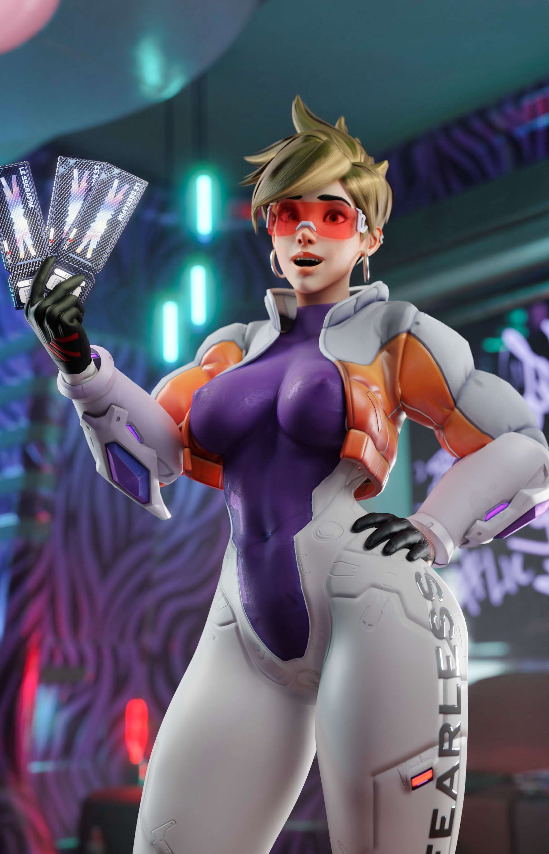 3d, alenabyss, antifragile traysi, bodysuit, female, le sserafim, nipples visible through clothing, orange-tinted eyewear, overwatch, overwatch 2, sunglasses, tinted eyewear, tracer