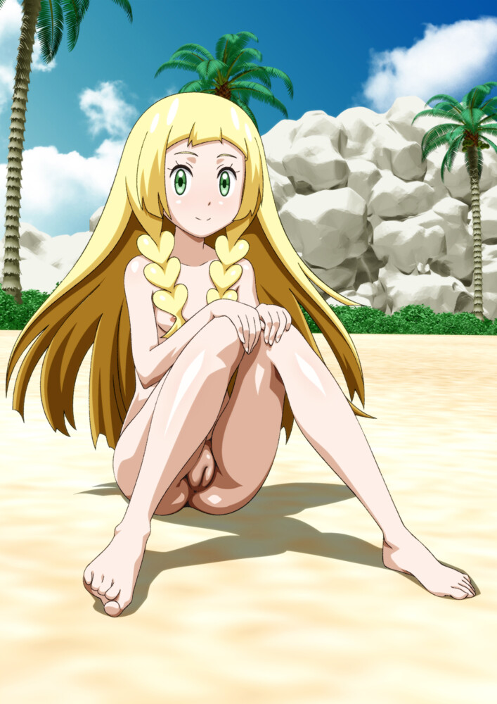 1girls beach blonde_hair braid carinae green_eyes innie_pussy light-skinned_female light_skin lillie_(pokemon) long_hair nintendo nude pinup pokemon pokemon_sm slender_legs solo straight_hair tagme thighs