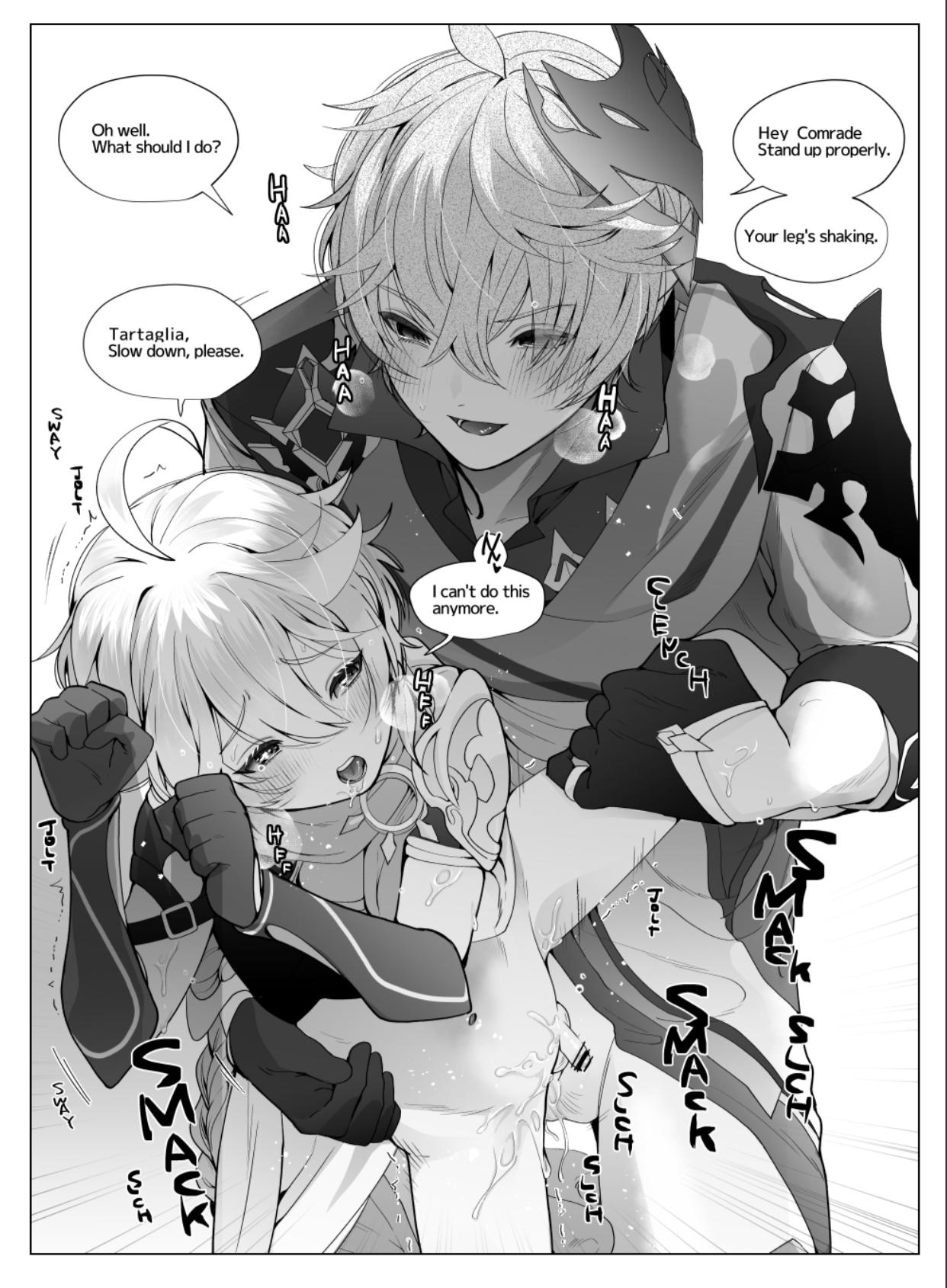 2boys, adult, aether (genshin impact), anal, anal sex, ass, blush, bounobunri, censored penis, childe (genshin impact), english text, erection, gay, genshin impact, greyscale, male, partially clothed, penis, saliva, tartaglia (genshin impact), tongue, tongue out