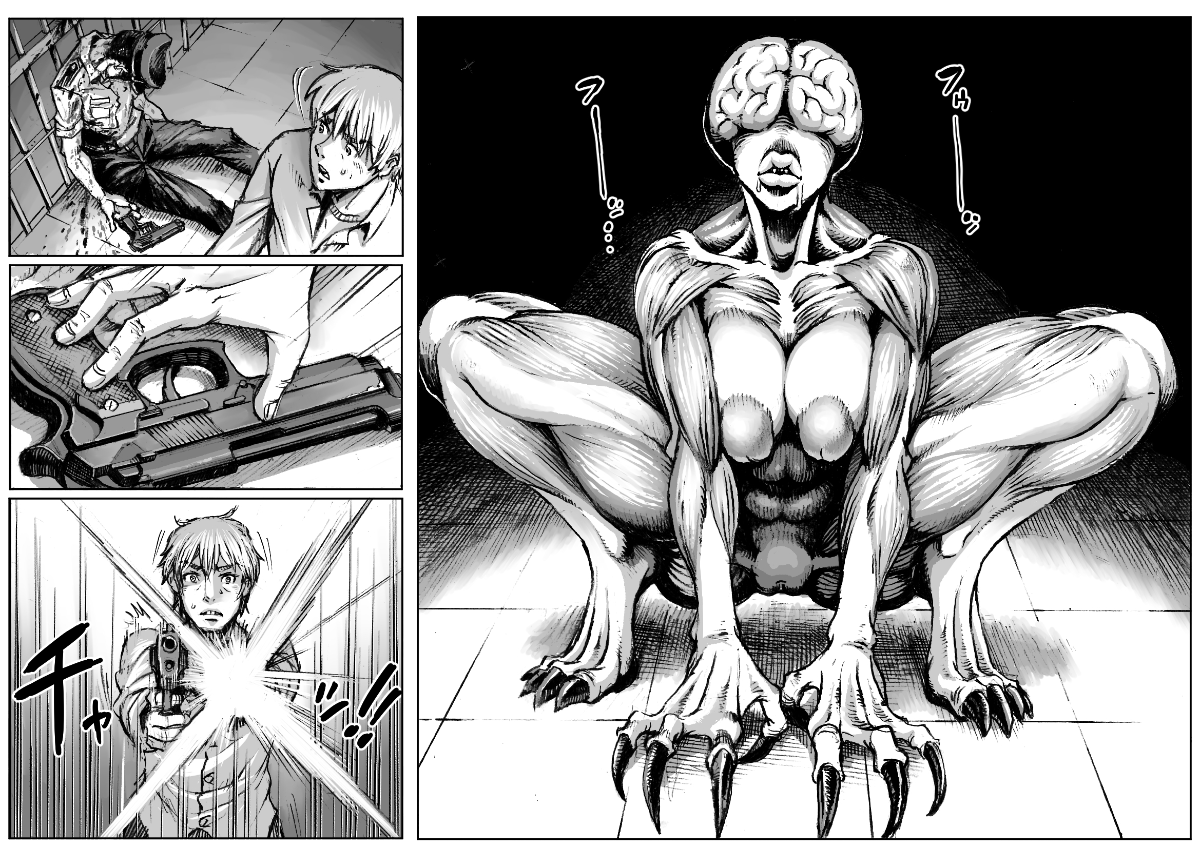 1girls, 2d, big breasts, breasts, clitoris, clothing, comic, double deck, female, female licker (resident evil), female monster, human, licker (resident evil), male, manga, monster, monster girl, nipples, pussy, resident evil, spread legs
