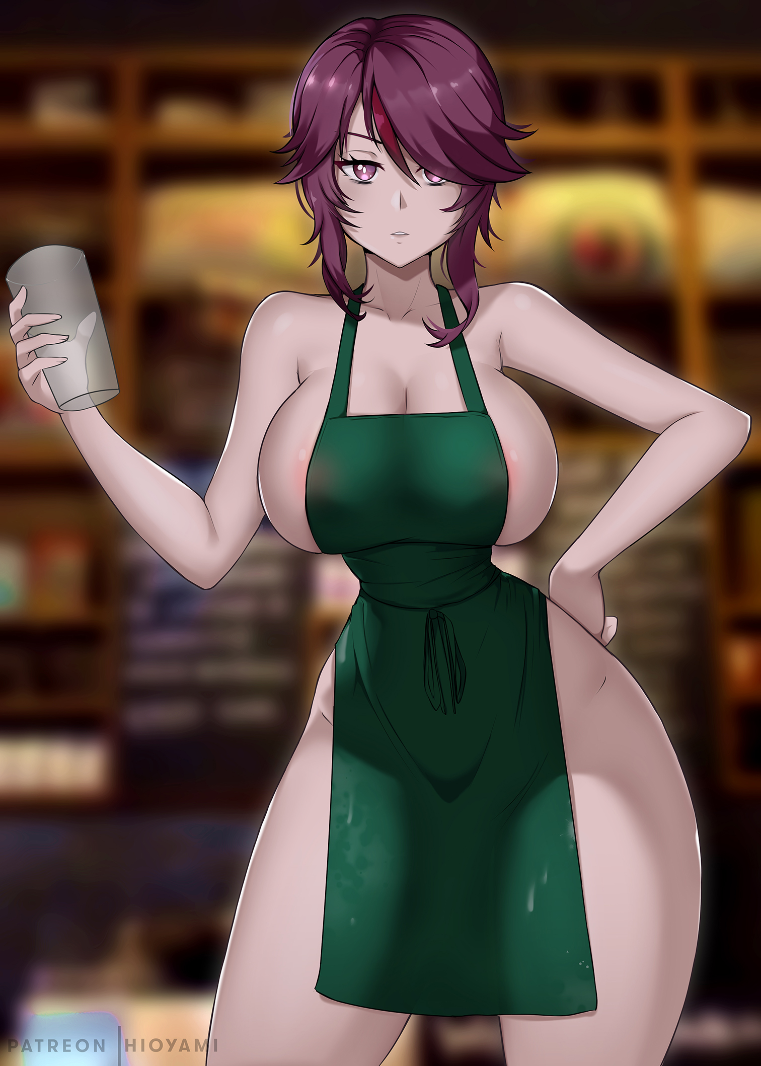 1girls, apron, big breasts, breasts, eye contact, female, genshin impact, hioyami, huge breasts, iced latte with breast milk, large breasts, looking at viewer, medium hair, meme, rosaria (genshin impact), solo, standing, thick thighs, wide hips