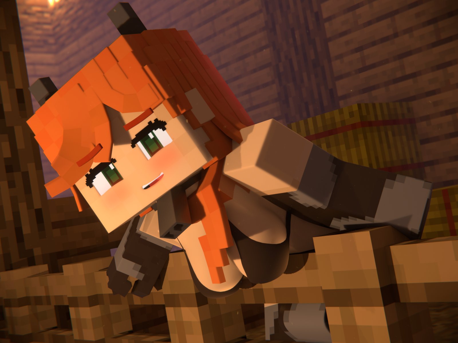 3d, alex (minecraft), beveledblock, blush, breasts, clothing, commission, cosplay, cow bell, cow print, female, female only, green eyes, looking at partner, medium breasts, mine-imator, minecraft, orange hair, original character, smile, solo, solo female, square body, tagme, wolf ears