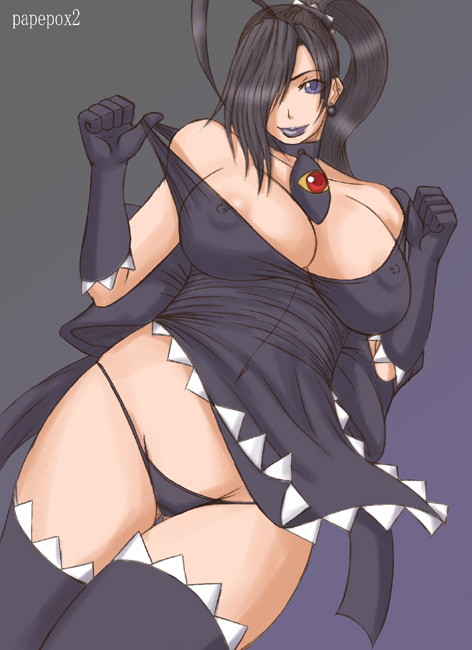 1girls belly_button big_breasts black_gloves black_hair black_lipstick black_panties black_stockings choker dutch_angle earring goth_girl gothic hair_over_one_eye hair_ribbon humanization humanized kuromaru_(mugen) looking_at_viewer m.u.g.e.n necklace nipples_visible_through_clothing papepox2 pulling_shirt rule_63 solo_female thong thumbs_up white_skin