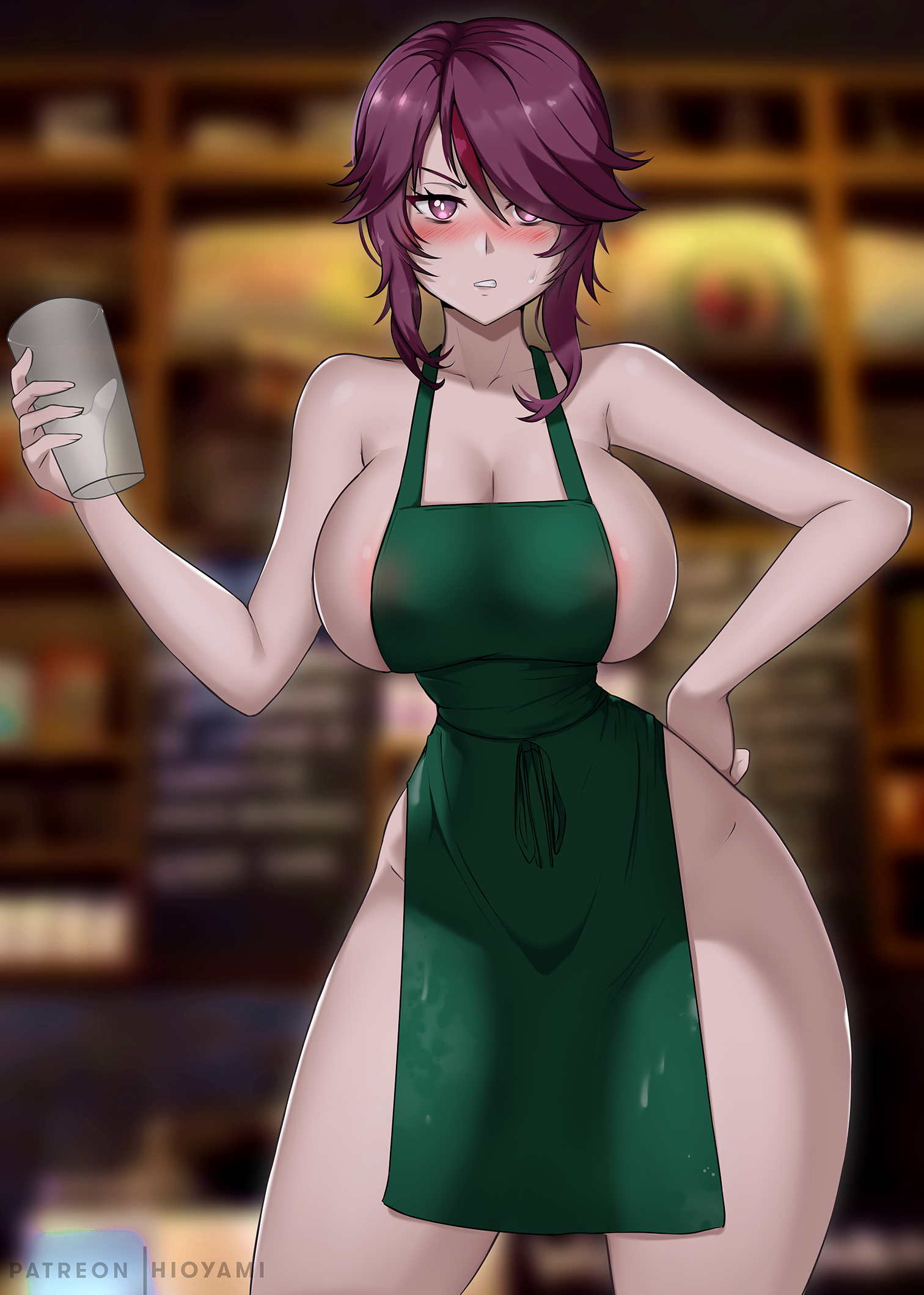 1girls, apron, apron only, big breasts, blush, breasts, busty, curvy female, curvy figure, female, genshin impact, green apron, hand on hip, hioyami, holding cup, holding object, hourglass figure, iced latte with breast milk, large breasts, meme, naked apron, rosaria (genshin impact), small waist, thick, thick thighs, thin waist, wide hips