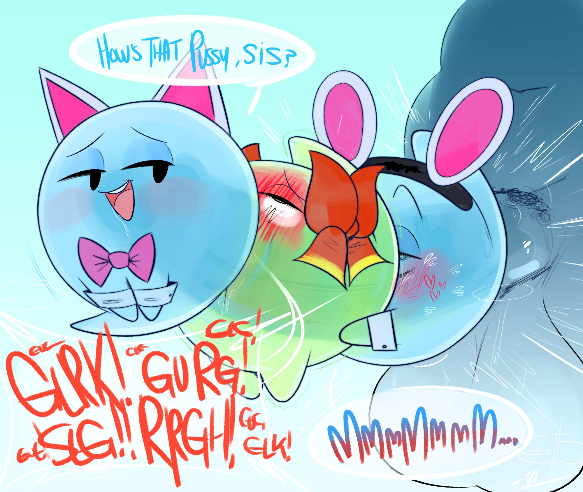 !, ?, ..., ahe gao, all the way through, ambiguous species, anal threading, balls, big balls, big penis, bisexual, blue body, blush, boo (mario), bow, bow tie, bulge, cuff links, cunnilingus, dialogue, english text, fake cat ears, fake ears, fake rabbit ears, female, genital outline, genitals, ghost, green body, group, half-closed eyes, hi res, huge balls, huge cock, lady bow, lahla, living sex toy, looking pleasured, male, male/female, mario (series), multiple penetration, narrowed eyes, nintendo, nude, oral, ota (artist), paper mario, peeka, penetration, penis, penis outline, pubes, pussy, sex, sound effects, speech bubble, spirit, text, translucent, translucent body, vaginal penetration, video games, waddling head
