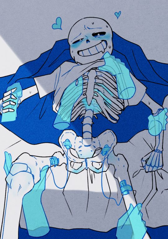 1boy, animated skeleton, blue blush, blush, blushing, bottomless, disembodied hand, disembodied hands, egg vibrator, floating hands, gay, heart, laying on bed, lying on bed, male, male focus, no genitals, non-human, sans, sex toy, shirt lift, shirt up, skeleton, solo focus, undertail, undertale, undertale (series), undertale sans, vibrator
