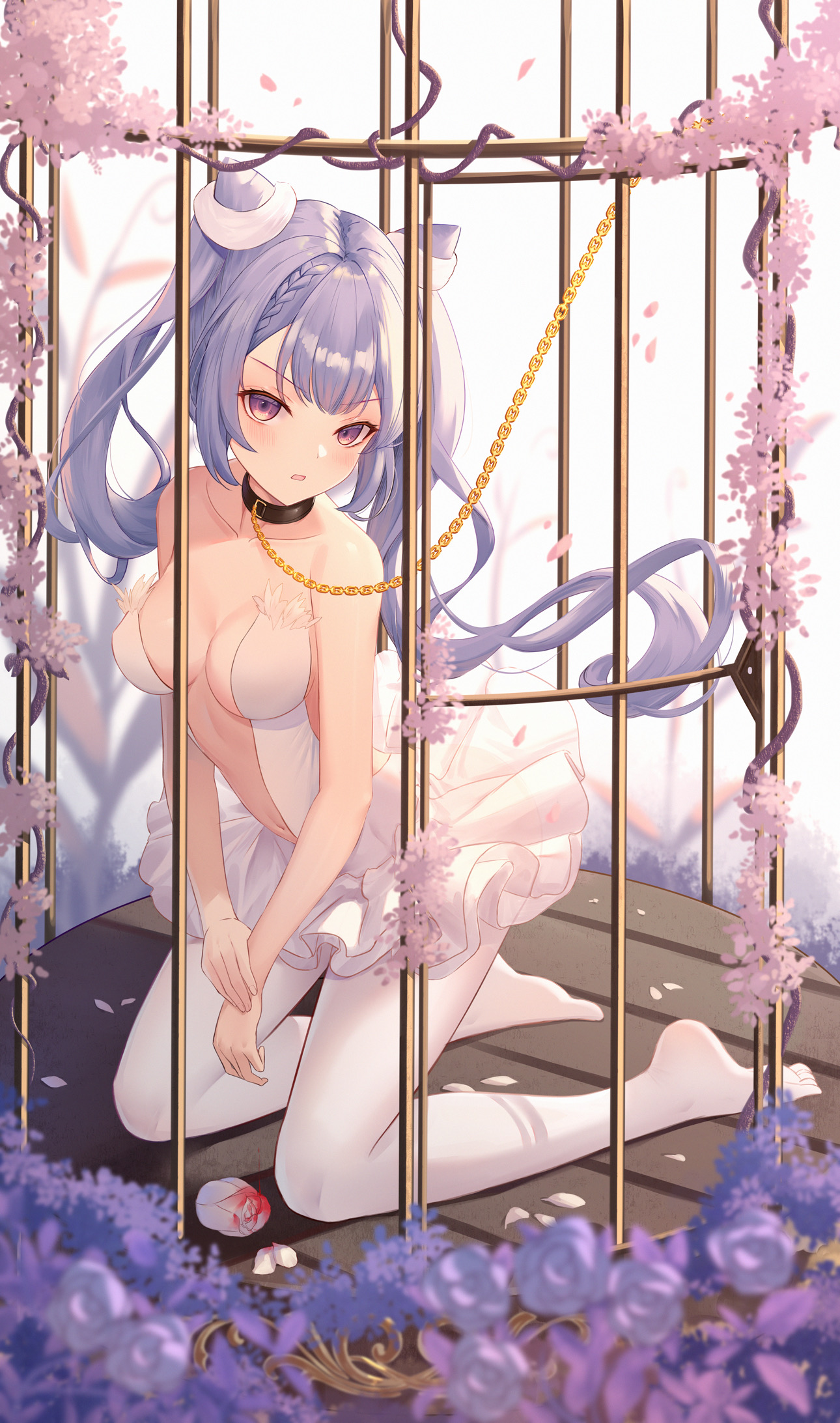 alrool, ballerina, birdcage, blush, bondage, breasts, cage, caged, chains, choker, collar, female, genshin impact, keqing (genshin impact), leash, leash and collar, purple eyes, purple hair, revealing clothes, slave, stuck in cage, twintails