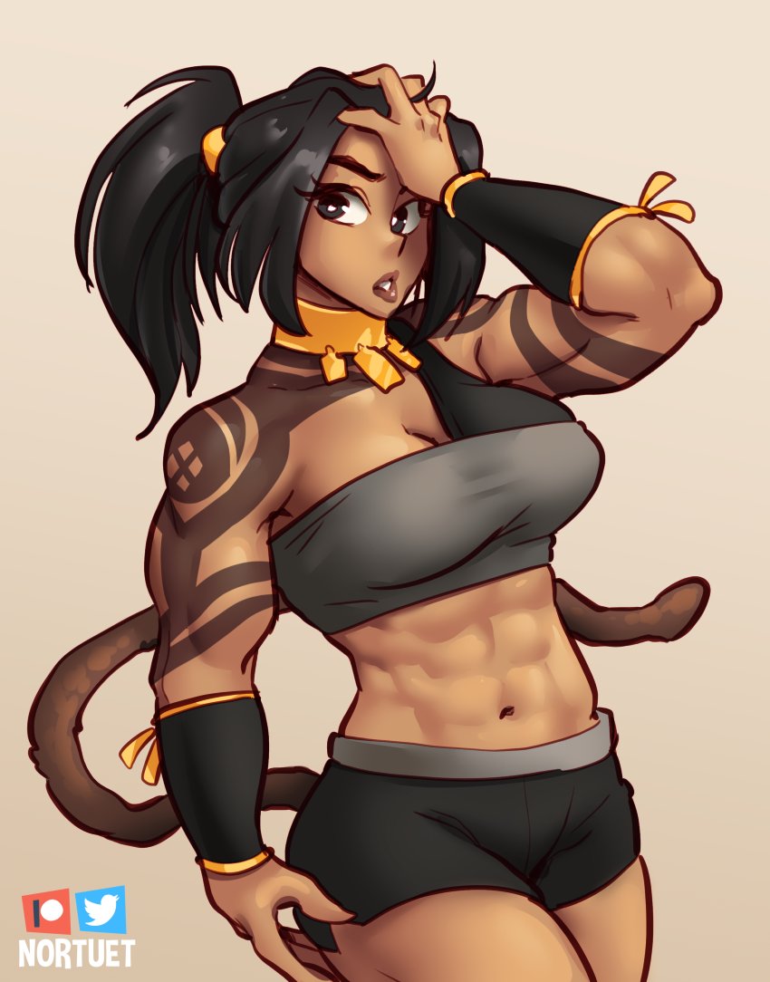 1girls, abs, big breasts, black hair, breasts, brown eyes, cleavage, curvy, dark skin, dark-skinned female, dragon ball, female, female focus, female only, hi res, long hair, looking at viewer, muscular, muscular female, navel, nortuet, original character, pose, saiyan spara (gear adrift), simple background, simple shading, solo, tattoo, watermark, wide hips