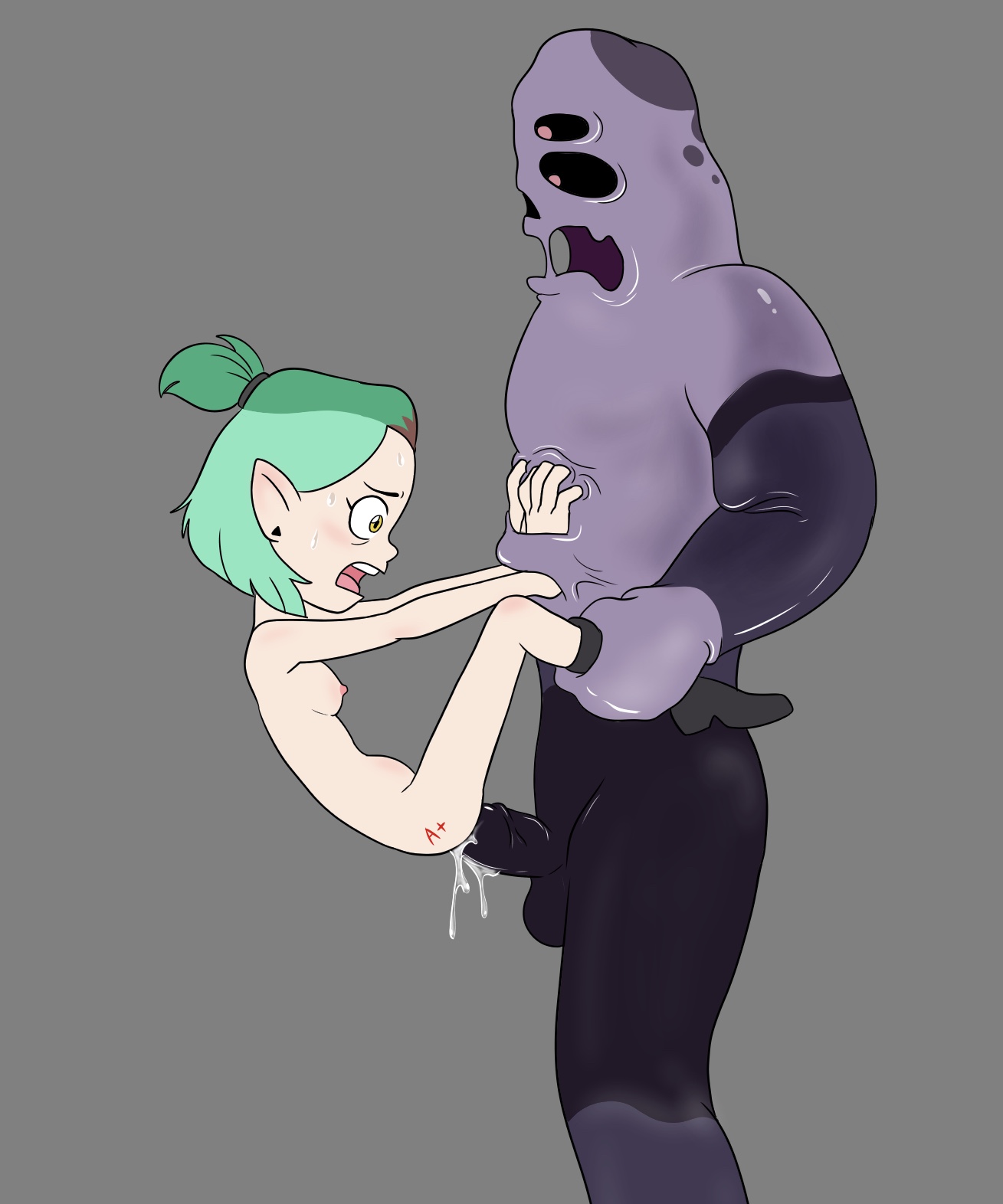 1boy, 1girls, abomination (the owl house), amity blight, disney, disney channel, disney xd, female, green hair, male, nipples, rape, restrained, scared, straight hair, tagme, the owl house