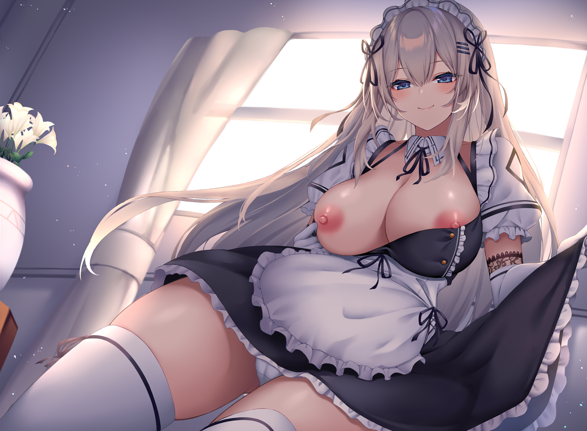 apron, apron lift, blue eyes, blush, breast press, breasts, breasts out, clothes pull, collar, dress pull, female, large breasts, maid, maid apron, maid headdress, nakatama kyou, original, panties, panty peek, partially undressed, platinum blonde hair, seductive smile, shiny, shiny skin, smile, solo, thighhighs, thighs, underwear, white legwear, white panties
