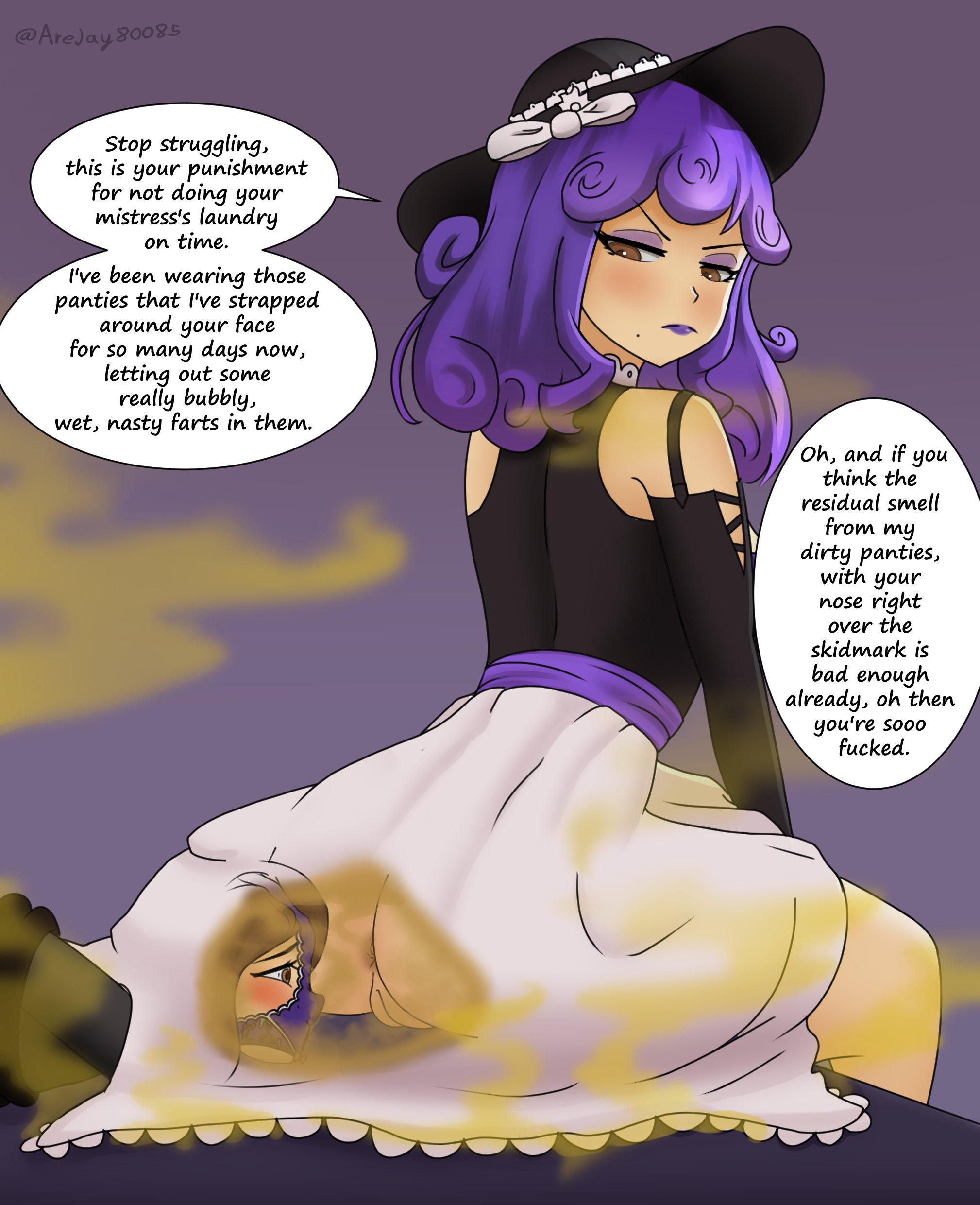anus, arejay, ass, asshole, bondage, brown eyes, fart, fart cloud, fart fetish, farting, farting in face, female, hat, lipstick, looking back, panties, panties on head, punishment, purple hair, purple lipstick, purple panties, pussy, text, text bubble, vagina, watermark