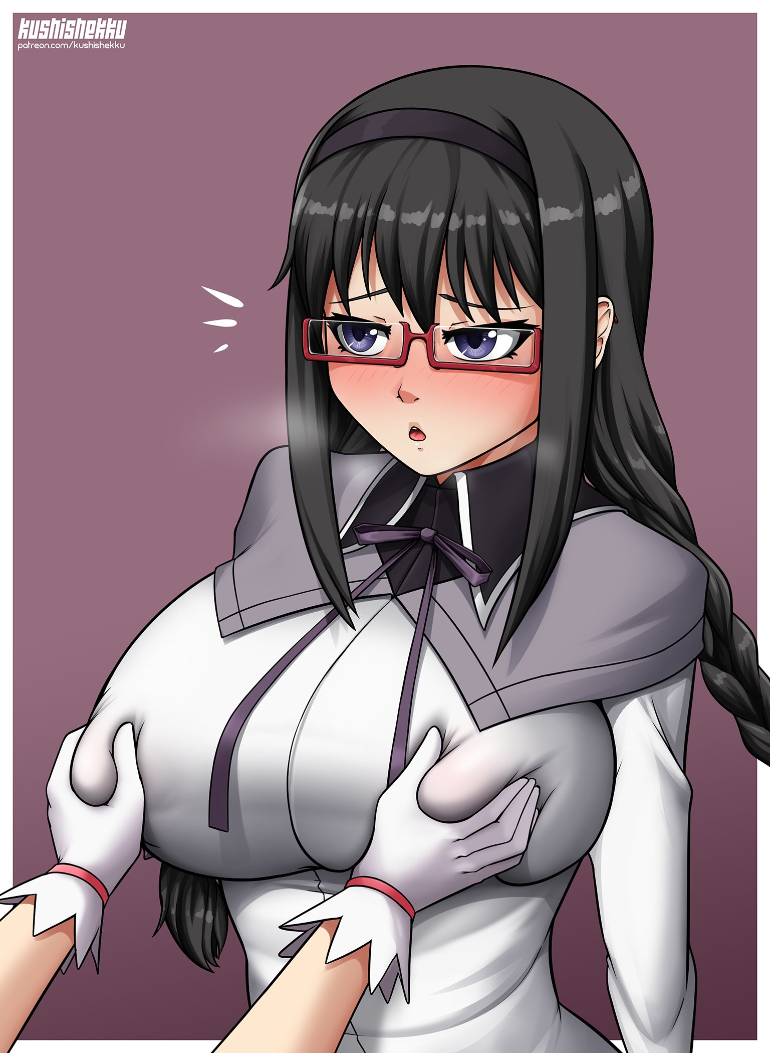 1girls, akemi homura, big breasts, blush, breast grab, breasts, female, glasses, kushishekku, large breasts, madoka kaname, mahou shoujo madoka magica, yuri