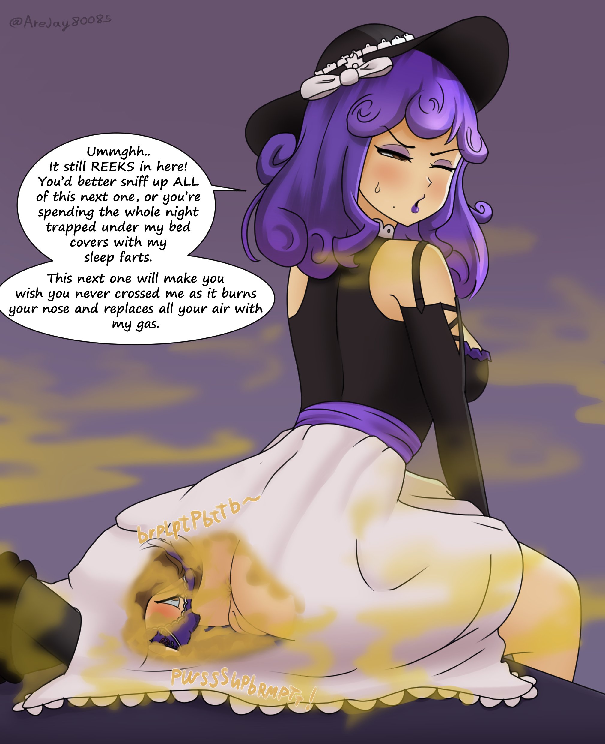 anus, arejay, ass, asshole, bondage, brown eyes, fart, fart cloud, fart fetish, farting, farting in face, female, hat, lipstick, one eye closed, panties, panties on head, purple hair, purple lipstick, purple panties, pussy, sweat, text, text bubble, vagina, watermark
