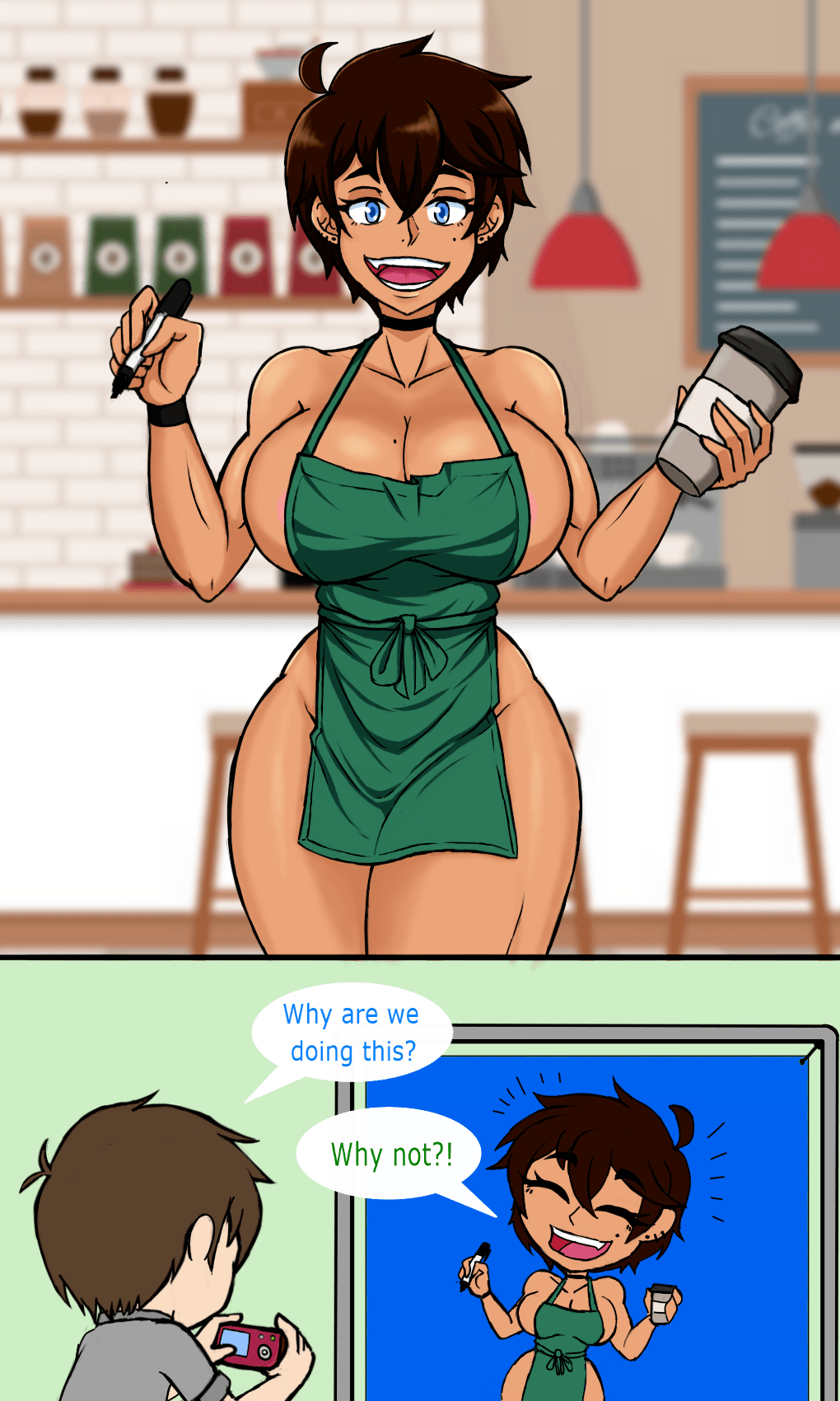 1boy 1girls angel_(greenlove) apron big_breasts blue_eyes chibi choker cleavage dark-skinned_female green_apron greenlove iced_latte_with_breast_milk kota_(greenlove) looking_at_viewer meme mole_on_breast mole_under_eye naked_apron original_character short_hair smile tomboy wide_hips