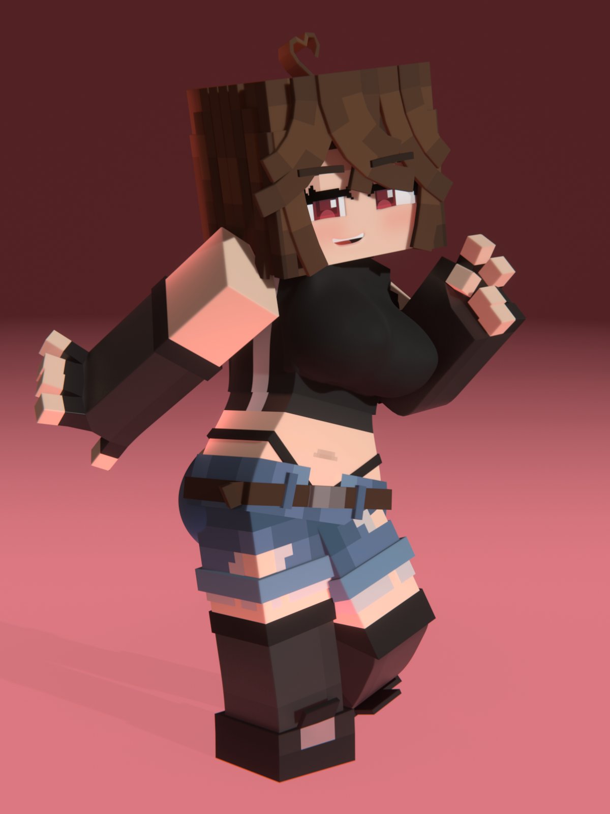 3d, beveledblock, blush, brown hair, clothing, mida (beveledblock), minecraft, red eyes, ripped clothing, smile