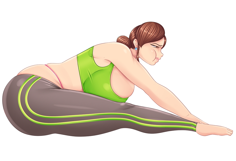 1girls, big breasts, breasts, brown hair, female, large breasts, marian (riukykappa), mature female, milf, original, riukykappa, solo, sports bra, thick thighs, thighs, thong, tight clothing, voluptuous, white background, yoga, yoga pants