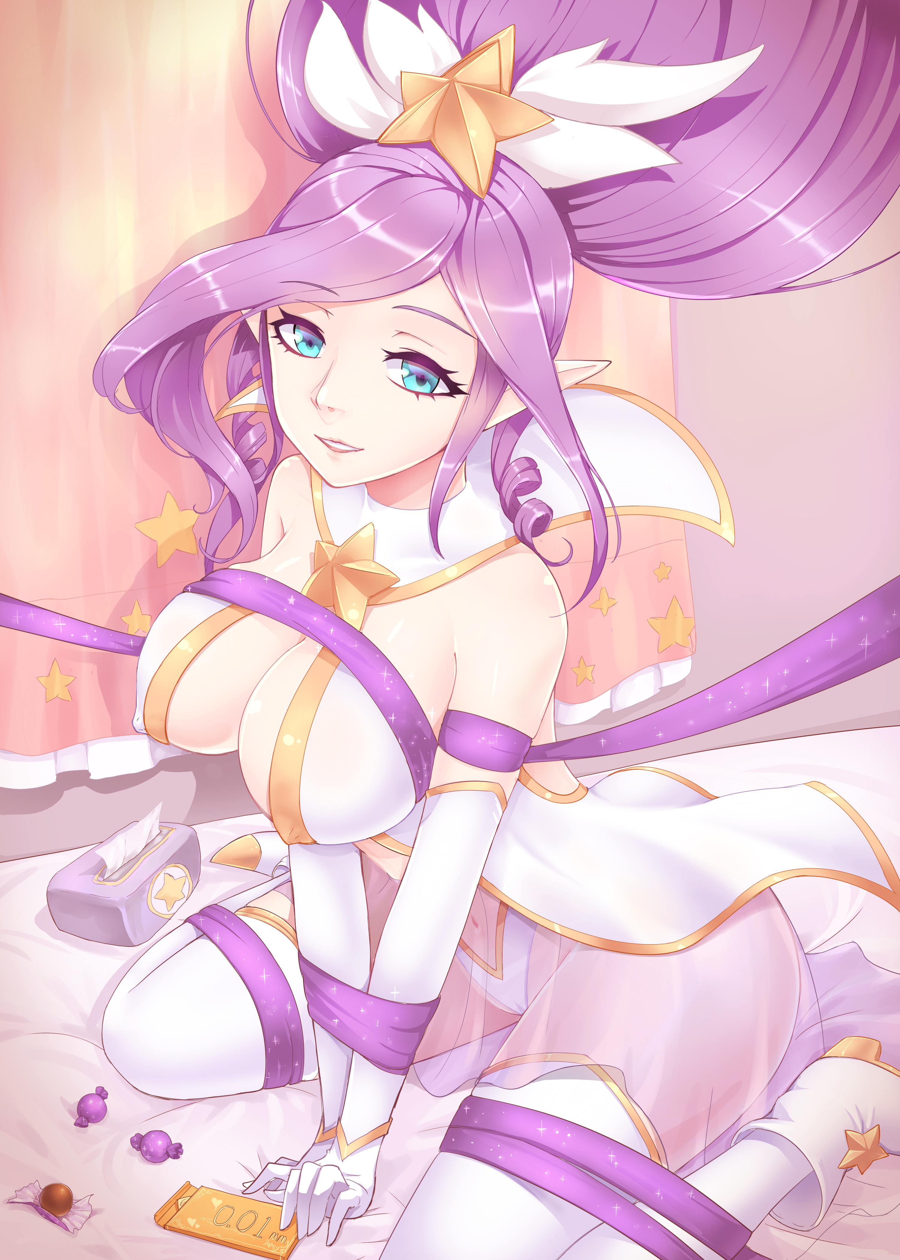 bed, big breasts, blue eyes, bondage, breasts, candy, clothed, clothing, covered nipples, darklux, erect nipples, female, gloves, janna windforce, league of legends, long hair, looking at viewer, nipples, nipples visible through clothing, pink hair, pointy ears, shoes, star guardian janna, star guardian series, thighhighs, tied up, tissue box, wariza