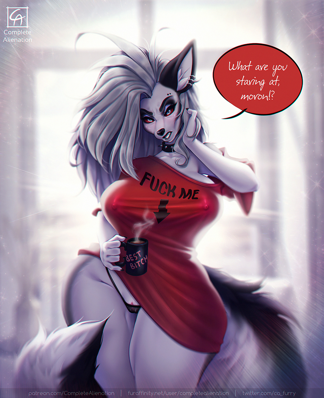 angry, anthro, beverage, big breasts, breasts, bulging breasts, canid, canid demon, canine, canis, clothed, clothing, coffee, coffee mug, collar, completealienation, curvy figure, demon, digital drawing (artwork), digital media (artwork), digital painting (artwork), ear piercing, eyebrow piercing, facial piercing, female, fluffy, fluffy tail, fur, genitals, hair, hellhound, helluva boss, hi res, long hair, looking at viewer, loona (helluva boss), mammal, mythological canine, mythological creature, mythology, nipples, panties, piercing, pinup, pose, pussy, red sclera, solo, solo focus, suggestive, tagme, text, thick thighs, underwear, url, voluptuous, white body, white fur, wide hips, wolf
